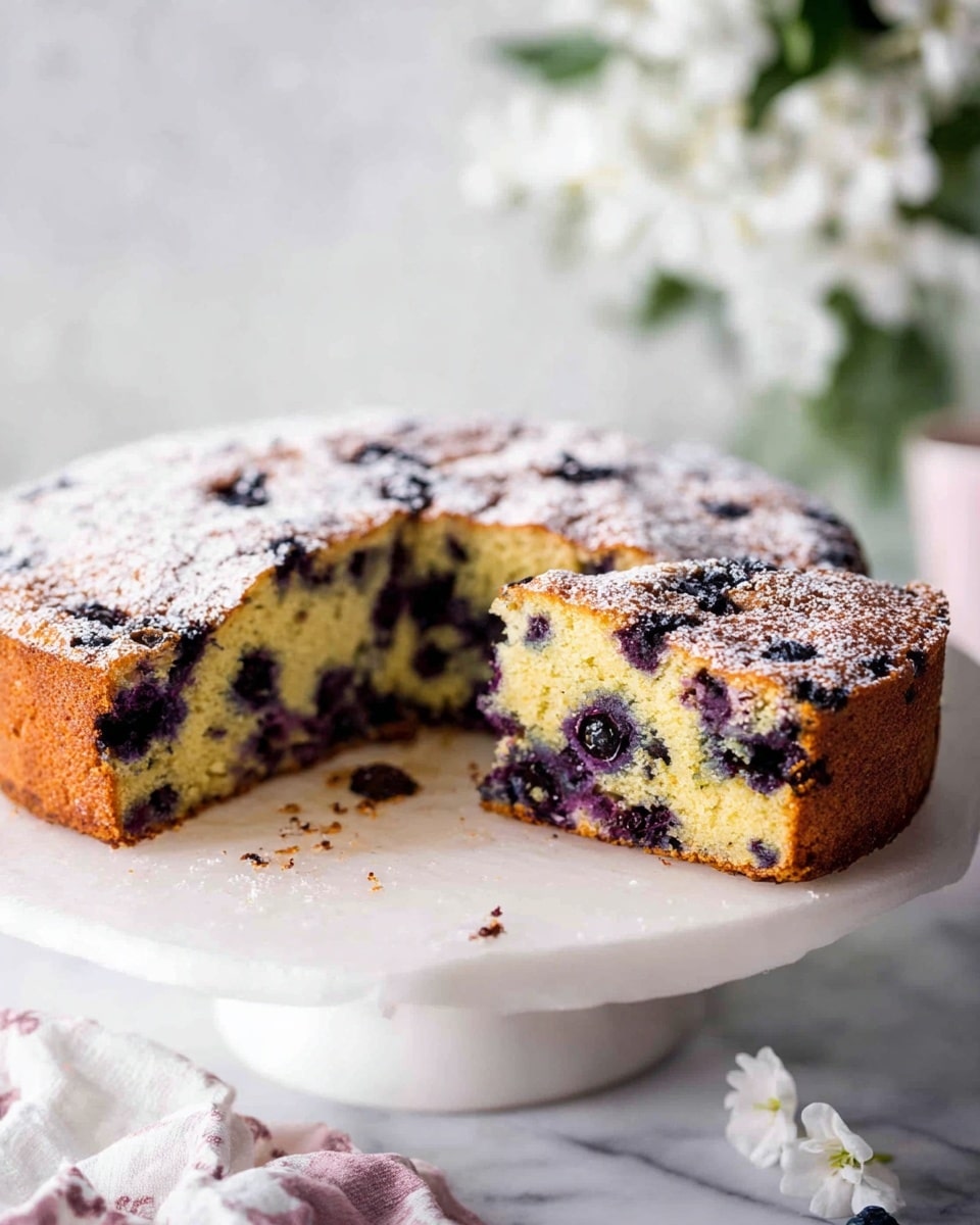 A round cake with one slice cut, showing two layers: a thick brown crust and a soft yellow inside filled with dark purple blueberries. The top of the cake is dusted with white powdered sugar. The cake sits on a white cake stand against a white marbled background, with a blurry vase of green leaves and white flowers in the back. Photo taken with an iphone --ar 4:5 --v 7