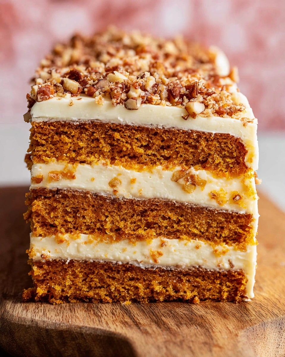 A rectangular slice of layered carrot cake is shown up close, resting on a wooden surface with a blurred peach and white background. The cake has four layers of moist, orange-brown carrot cake with small visible bits of nuts inside. Between each cake layer and on top, there is a thick, creamy white frosting layer. The top frosting is sprinkled with chopped walnuts, adding texture and a brownish hue. The focus sharpens on the front of the cake, showing detailed crumb and smooth frosting edges. Photo taken with an iphone --ar 4:5 --v 7