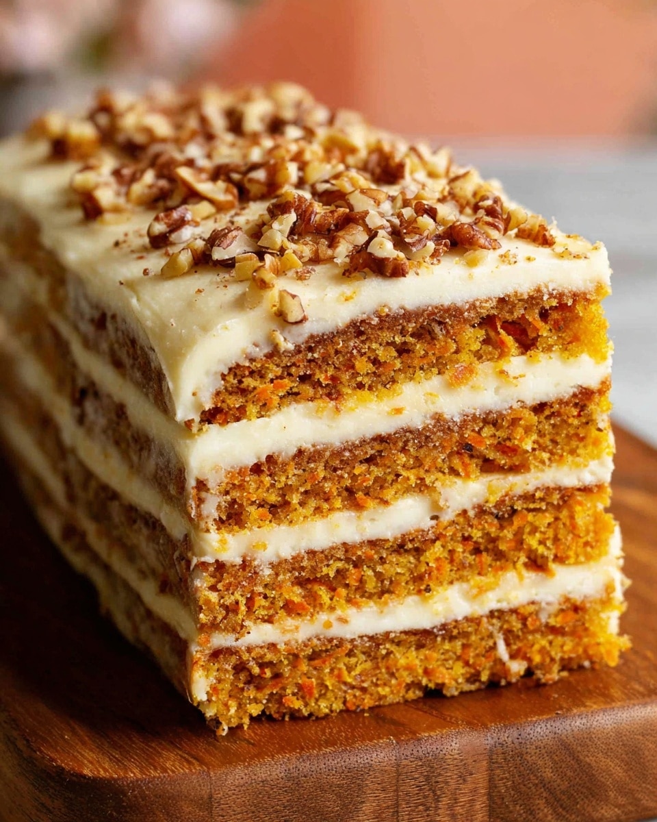 The image shows a close-up of a four-layered rectangular cake on a wooden surface, with alternating thick layers of moist, orange-brown cake and creamy off-white frosting containing small nut pieces. The top layer is covered with smooth white frosting and generously sprinkled with chopped nuts, providing a textured contrast. The cake's side reveals the rich thickness of each cake and frosting layer, highlighting the soft and dense appearance of the cake. The background features a soft pink pattern blurred out, focusing attention on the cake. photo taken with an iphone --ar 4:5 --v 7