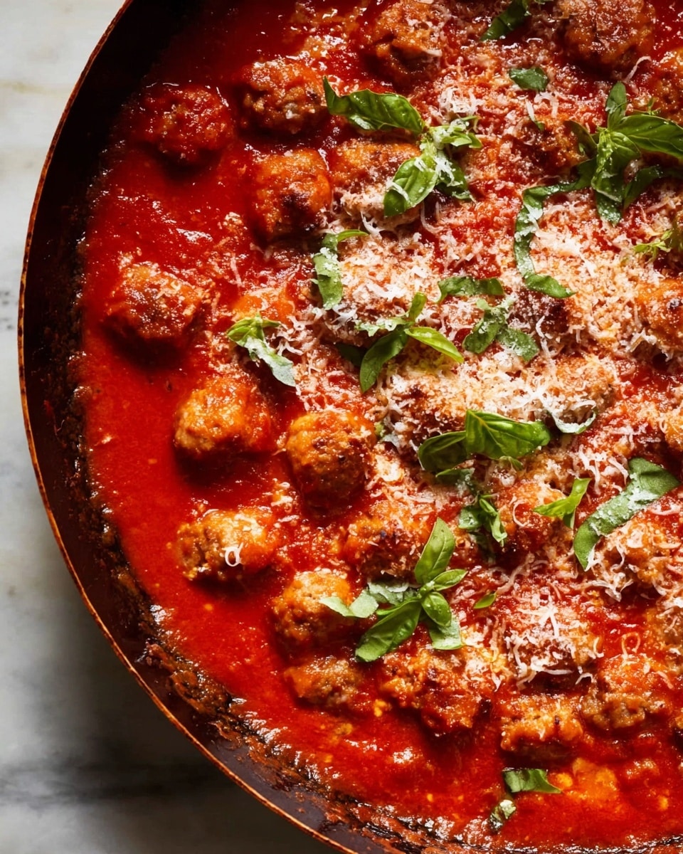 The image shows a close-up of a dish with a rich, thick red tomato sauce as the base layer, covering the whole pan. On top of the sauce are many small, round pieces of browned meat spread evenly across the surface. A layer of shredded white cheese is sprinkled over the meat, melting slightly into the sauce. Scattered fresh green basil leaves add color and freshness on top. The dish is in a black pan, placed on a white marbled texture. photo taken with an iphone --ar 4:5 --v 7