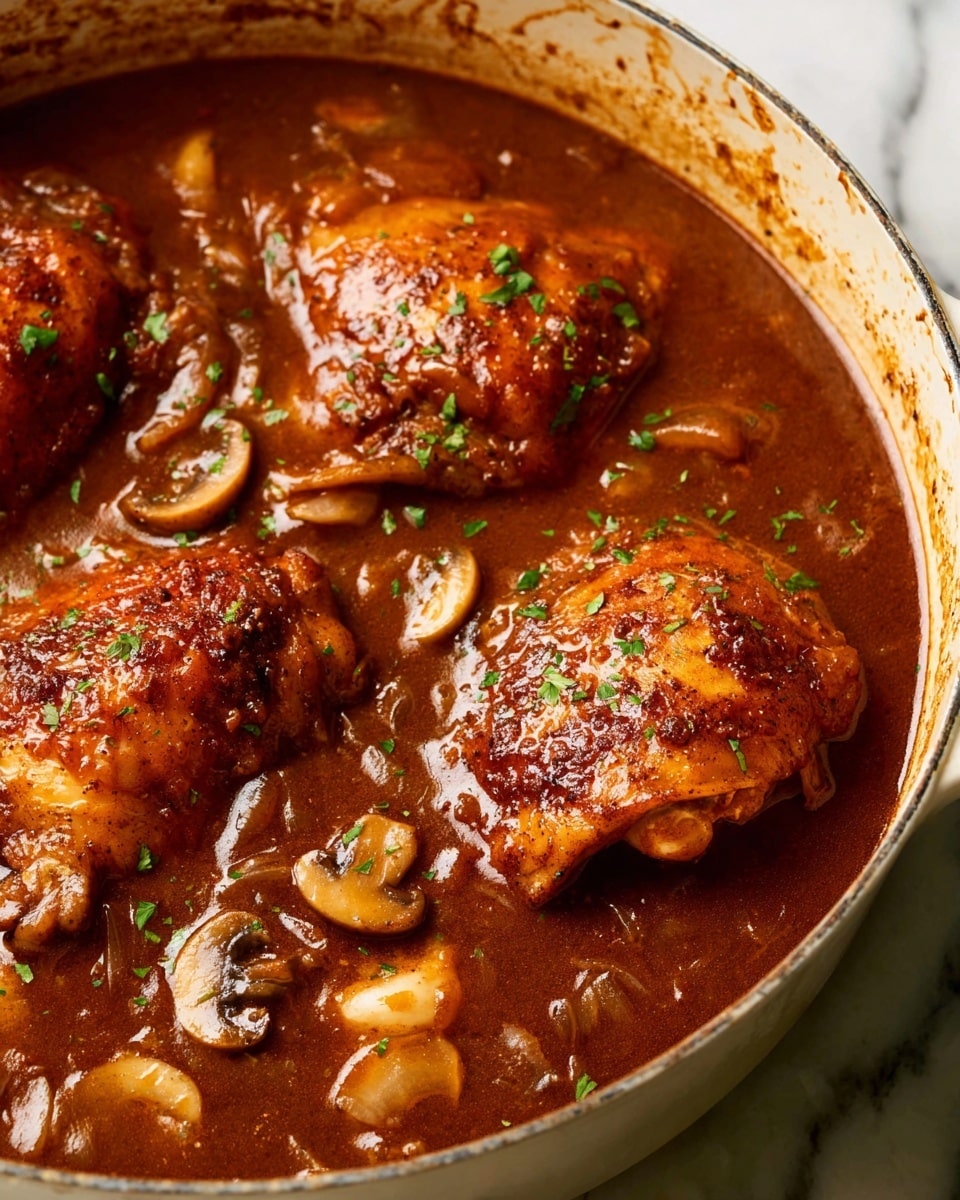 A close-up view of four pieces of cooked chicken with crispy brown skin in a rich, thick, dark reddish-brown sauce with visible slices of light brown mushrooms and translucent cooked onions. The chicken pieces are partly submerged in the sauce, which has a shiny, slightly oily surface, garnished with small green herb bits scattered on top. The dish is inside a light-colored pan with a slightly stained inner edge. The background is a white marbled texture. Photo taken with an iphone --ar 4:5 --v 7