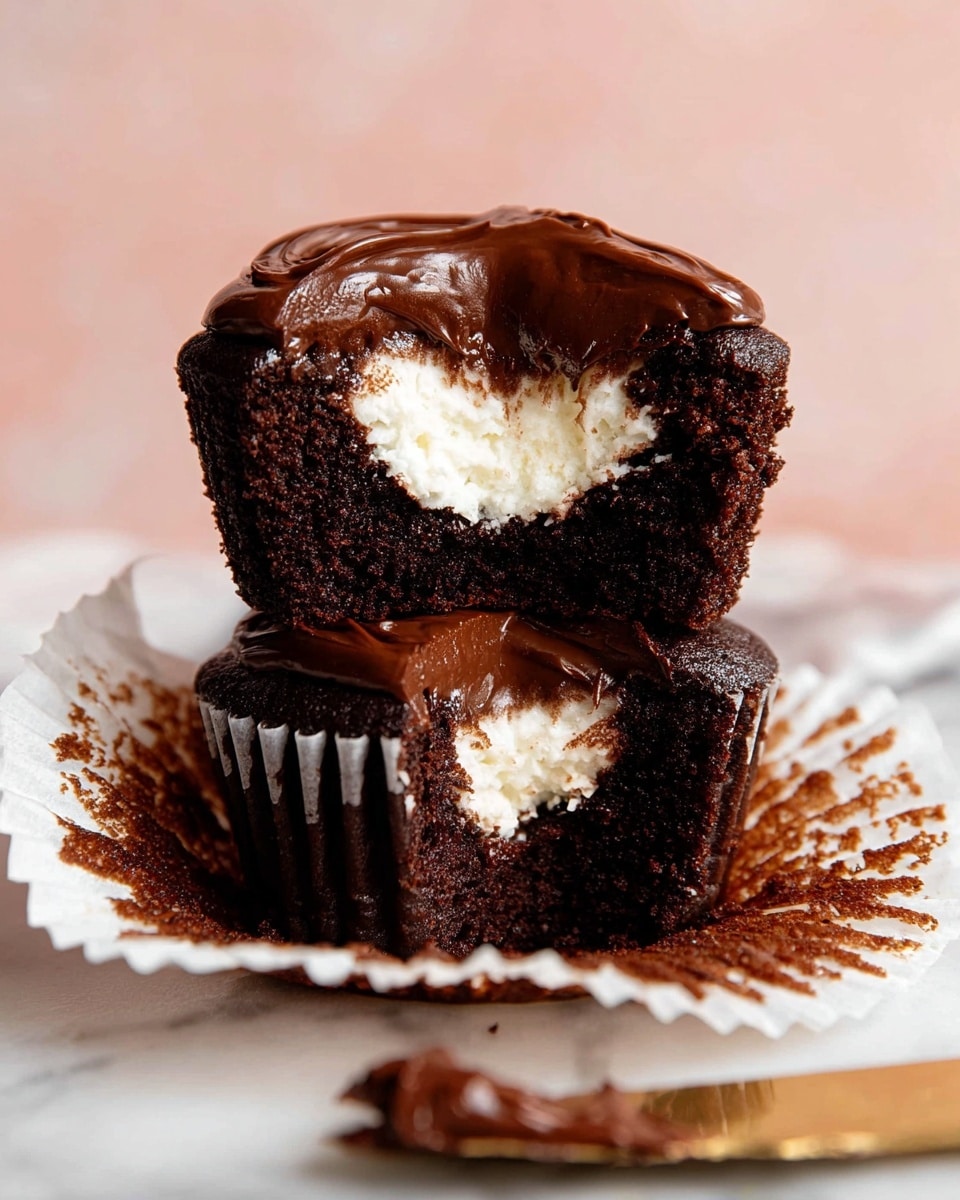 The image shows a chocolate cupcake with two layers. The bottom layer is a dark, rich chocolate cake sitting in a partially opened white cupcake liner with crumbs visible around it. On top of this layer, there is a smooth spread of glossy, dark chocolate frosting. The top layer, placed slightly tilted on the bottom, is a half cupcake showing a creamy white filling inside the dark chocolate cake, with a thick, shiny chocolate frosting covering the top. The background is a soft pink color, and the cupcake rests on a surface with a white marbled texture. A gold knife with a smear of chocolate sits in front of the cupcake. photo taken with an iphone --ar 4:5 --v 7