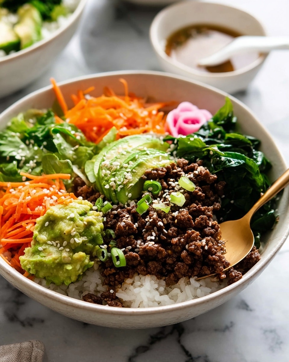 The image shows a white bowl with a colorful Asian rice dish layered carefully inside. The bottom layer is white sticky rice, topped with a generous amount of dark brown crumbled cooked meat sprinkled with green onion slices and white sesame seeds. Around the meat, there are sections of fresh green lettuce leaves on the left, bright orange shredded carrots behind the meat, a small mound of light green guacamole or mashed avocado on the right, and cooked dark green spinach at the front. There is also a pink pickled ginger flower on top of the lettuce. A gold spoon digs into the rice on the right side of the bowl. The bowl sits on a white marbled surface with more bowls and a small white dish of sauce blurred in the background. photo taken with an iphone --ar 4:5 --v 7
