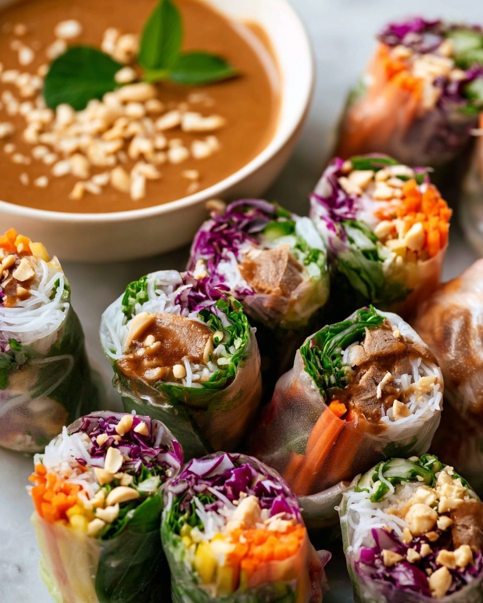 Several fresh spring rolls are shown on a white marbled surface. The rolls are cut in half, stacked close together, showing layers inside that include white rice noodles, orange shredded carrots, green leafy herbs, purple cabbage, and pieces of brown grilled meat, all wrapped in translucent rice paper. In the foreground, whole rolls with visible green leafy herbs and some sprinkled crushed peanuts are placed next to a white bowl filled with a thick brown dipping sauce garnished with some chopped peanuts and a green herb leaf. The image has a bright, fresh look. Photo taken with an iphone --ar 4:5 --v 7