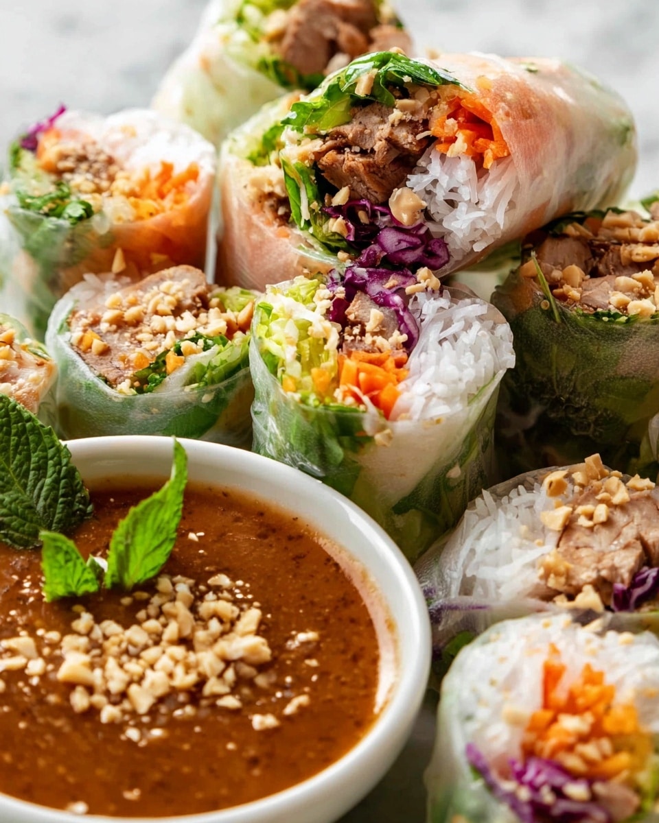 The image shows multiple fresh spring rolls cut in half, arranged closely together on a white marbled surface. Each roll has four visible layers from the outside in: a thin, translucent rice paper wrap, a green layer of leafy herbs or vegetables, a bright orange layer of shredded carrots, and a mixture of purple cabbage and white noodles. The rolls also contain pieces of brown cooked meat or tofu. In the background, a white bowl contains a creamy brown peanut sauce sprinkled with crushed peanuts and is garnished with a green leaf. Some peanut pieces are also scattered on the rolls. photo taken with an iphone --ar 4:5 --v 7
