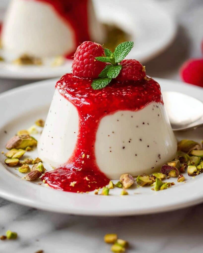 Creamy Vanilla Panna Cotta with Raspberry Coulis and Pistachio Garnish Recipe