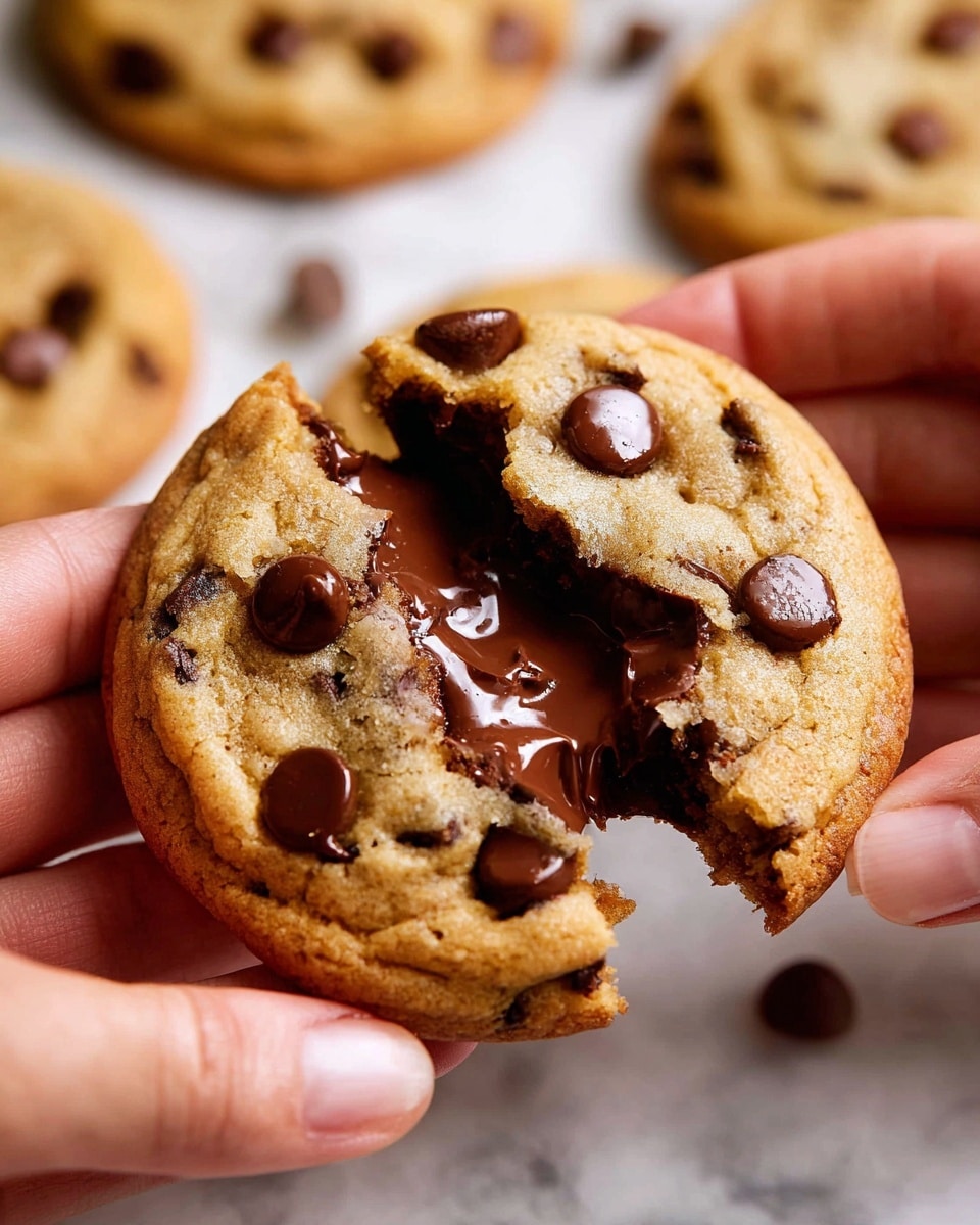 A close-up view of a soft chocolate chip cookie being pulled apart by a woman's hands, revealing a thick, gooey layer of melted dark chocolate in the center. The cookie itself is golden brown, with a slightly cracked texture on the surface and studded generously with semi-sweet chocolate chips, some of which are melting. In the blurry background, more cookies with similar colors and textures are visible, resting on a white marbled texture. photo taken with an iphone --ar 4:5 --v 7