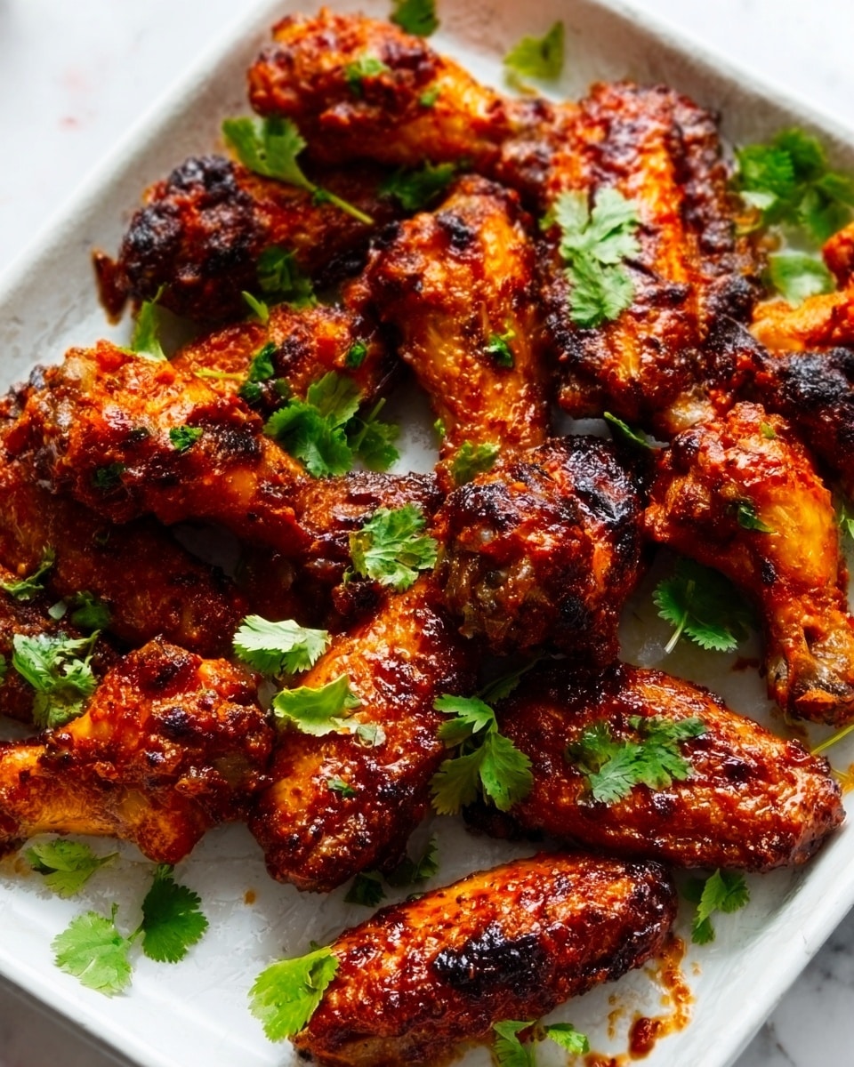 The image shows a tray full of chicken wings covered in a shiny, dark reddish-brown sauce, with some parts looking slightly crispy. The wings are arranged closely together on white parchment paper inside a white tray, with small green coriander leaves scattered on top for color. The surface beneath the tray is a white marbled texture. photo taken with an iphone --ar 4:5 --v 7