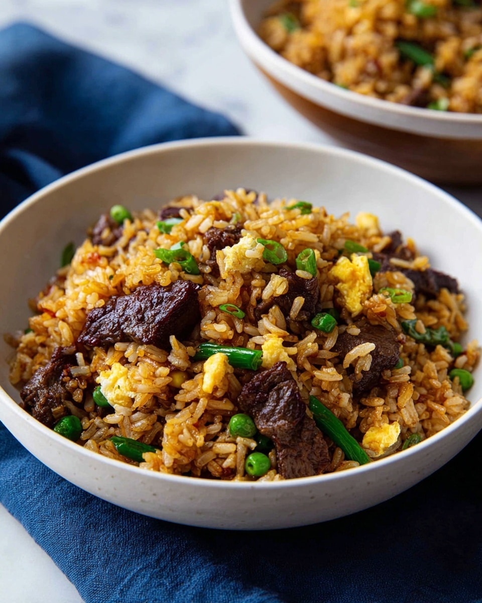A white bowl filled with fried rice that has three main layers visible: the bottom layer is golden-brown cooked rice, mixed evenly with small pieces of bright green chopped scallions; the middle layer has chunks of dark, cooked beef pieces scattered throughout; the top layer includes some lightly browned bits of scrambled egg mixed in with the rice and greens. The bowl rests on a dark blue cloth, placed on a white marbled surface. photo taken with an iphone --ar 4:5 --v 7
