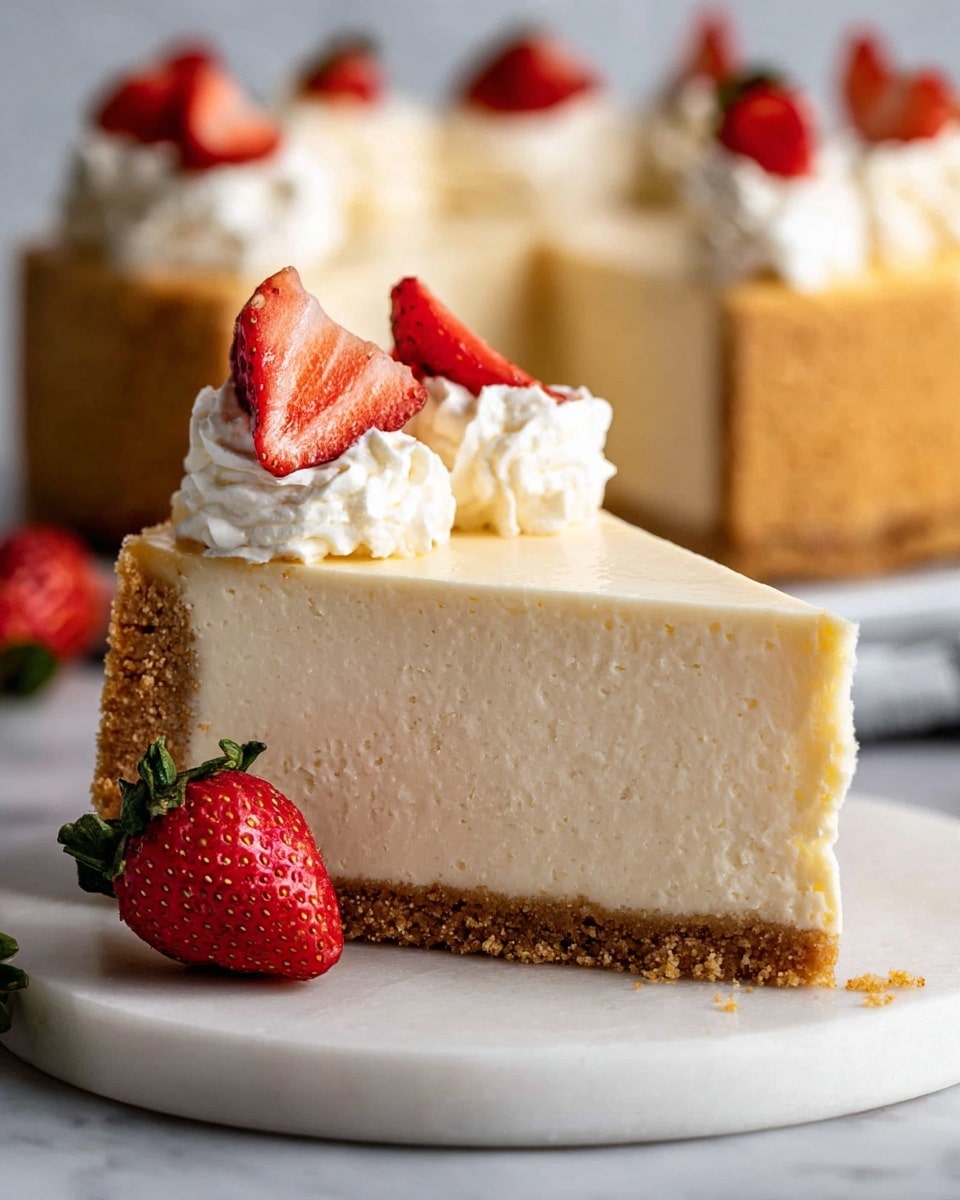 This image shows a cheesecake with three visible layers. The bottom layer is a thick, light brown crumbly crust that forms the base and sides, standing tall around the cake. The middle layer is a thick, creamy, pale off-white cheesecake filling that looks smooth and dense. The top layer has piped swirls of white whipped cream placed evenly around the edge, each topped with half a bright red strawberry with green leaves. One slice is cut out, showing the clean edges of all layers, and a half strawberry lays on a white marbled surface next to the cake. Photo taken with an iphone --ar 4:5 --v 7