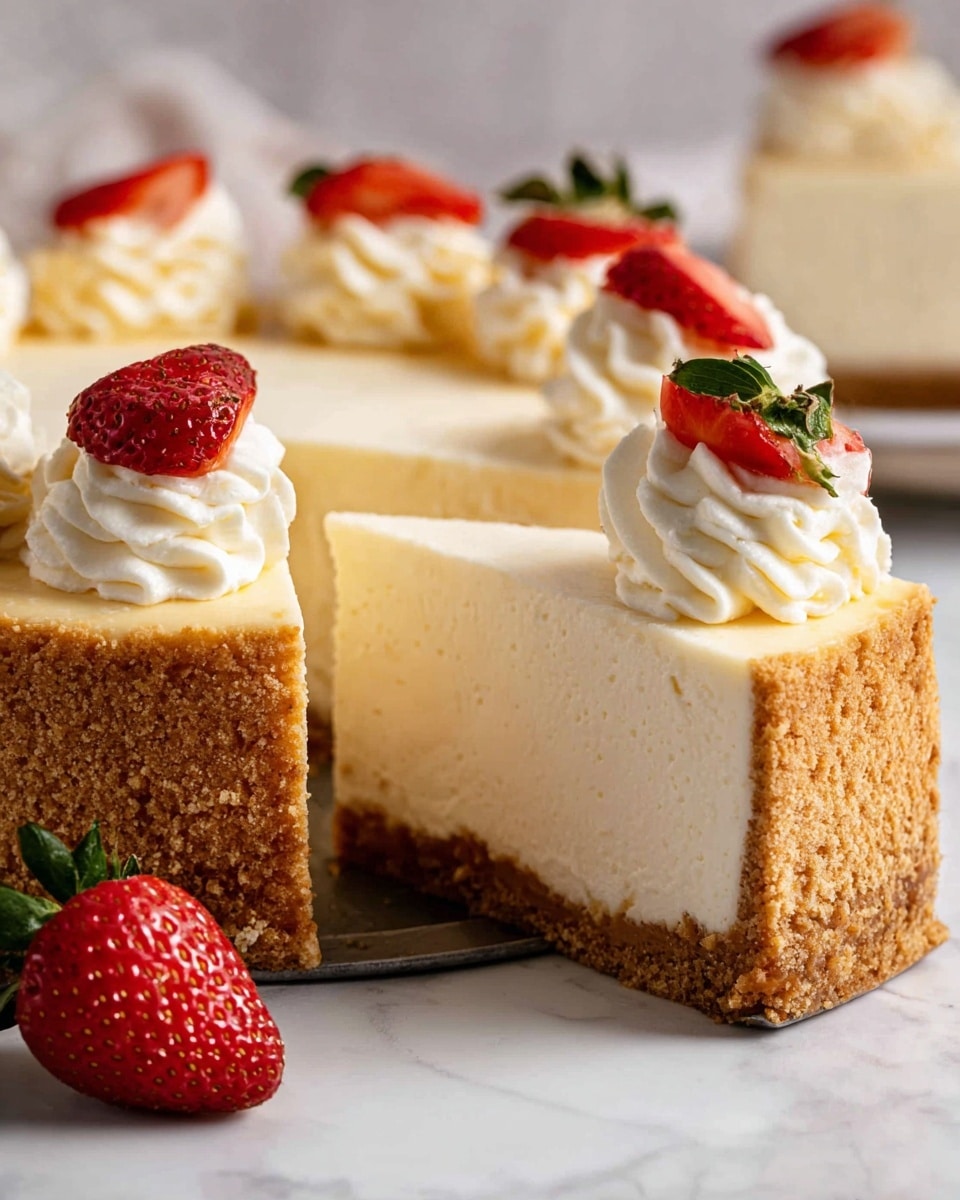The image shows a close-up of a creamy cheesecake with a thick, golden-brown graham cracker crust as the bottom and sides. The cheesecake layer is smooth, light beige, and dense, sitting atop the crust. Around the edge, there are dollops of white whipped cream, each topped with a bright red strawberry half. One strawberry half also rests on the white marble surface next to the cake slice in the foreground. The cake sits on a white marble board, and in the background, another part of the cheesecake is visible with similar decorations. photo taken with an iphone --ar 4:5 --v 7