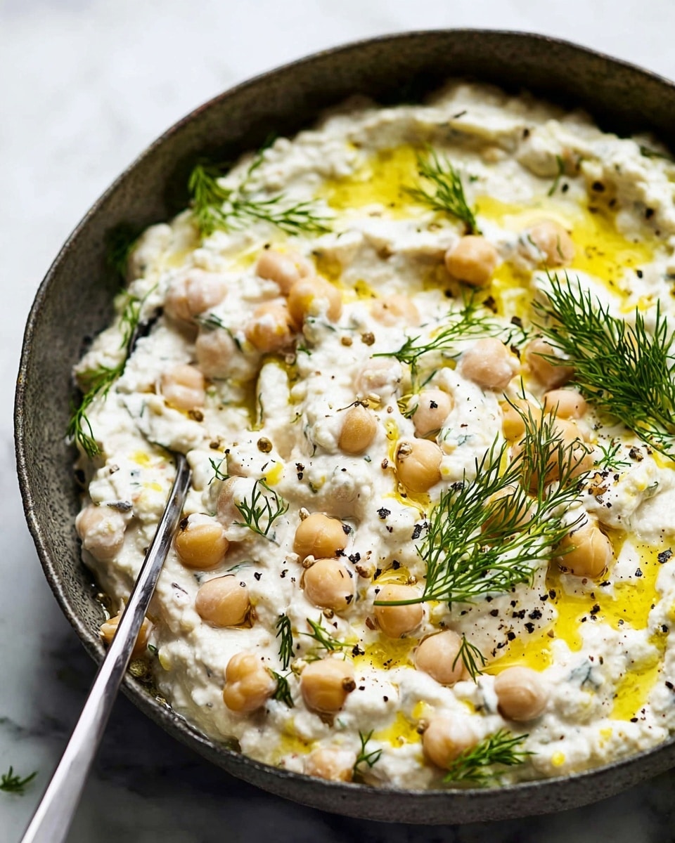 A dark bowl filled with a creamy white mixture that has small light beige chickpeas and flecks of green herbs throughout. The surface is topped with small pools of golden olive oil and fresh green dill sprigs scattered on top. There is a silver spoon resting inside the bowl, scooping the creamy mixture. The background is a white marbled texture, and some blurred green herbs are visible behind the bowl. photo taken with an iphone --ar 4:5 --v 7