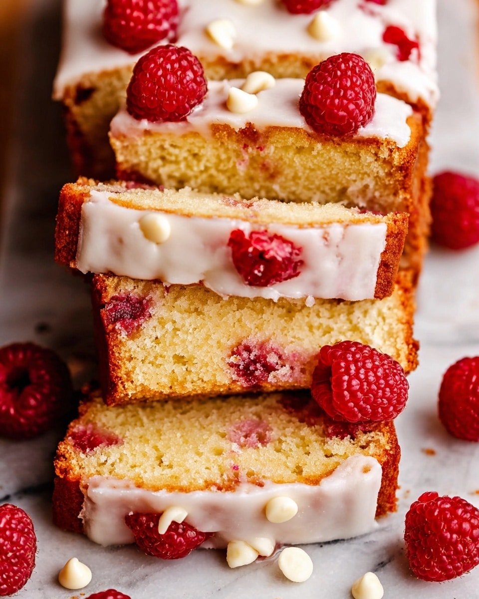 The image shows several thick slices of a golden-yellow cake with a soft, moist texture, embedded with bright red raspberries throughout each slice. The top layer of the cake is covered with a smooth white glaze that slightly drips over the edges. Fresh raspberries are placed in the middle and around the slices, adding vibrant red color and texture contrast. Scattered around are a few white chocolate chips, adding extra detail. The cake rests on a white marbled textured surface. photo taken with an iphone --ar 4:5 --v 7