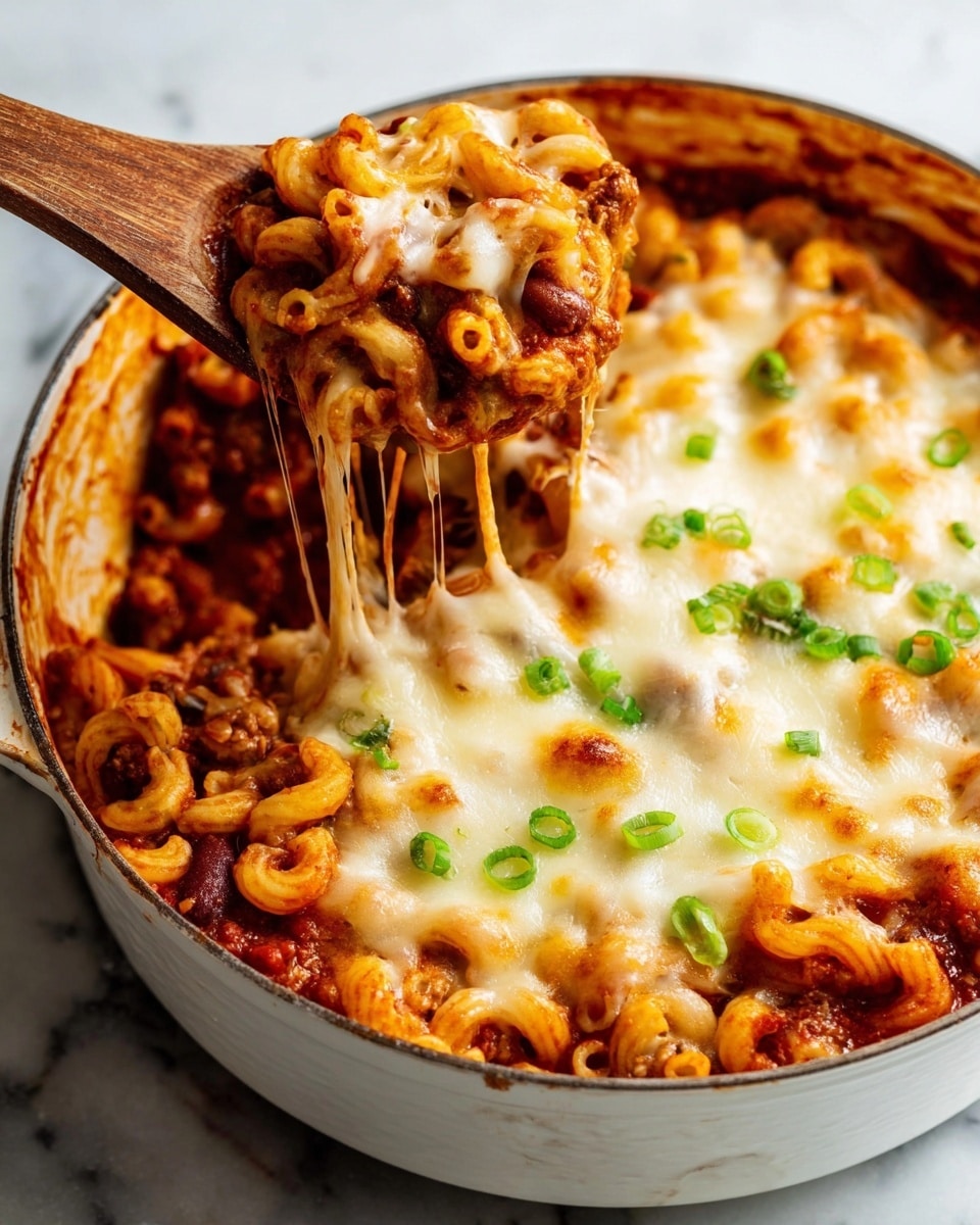 A close-up of a large white pot filled with a baked pasta dish showing two main layers: the top layer is a smooth, melted golden-yellow cheese sprinkled with small slices of green onion, while the bottom layer features cooked elbow macaroni mixed with a dark red tomato sauce, visible chunks of ground meat, and beans in a rich, chunky texture. Part of the cheesy layer is being lifted by a spoon, revealing stretchy melted cheese strings connecting the two layers. The pot sits on a white marbled surface, and the scene is brightly lit to highlight the warm colors and textures. photo taken with an iphone --ar 4:5 --v 7