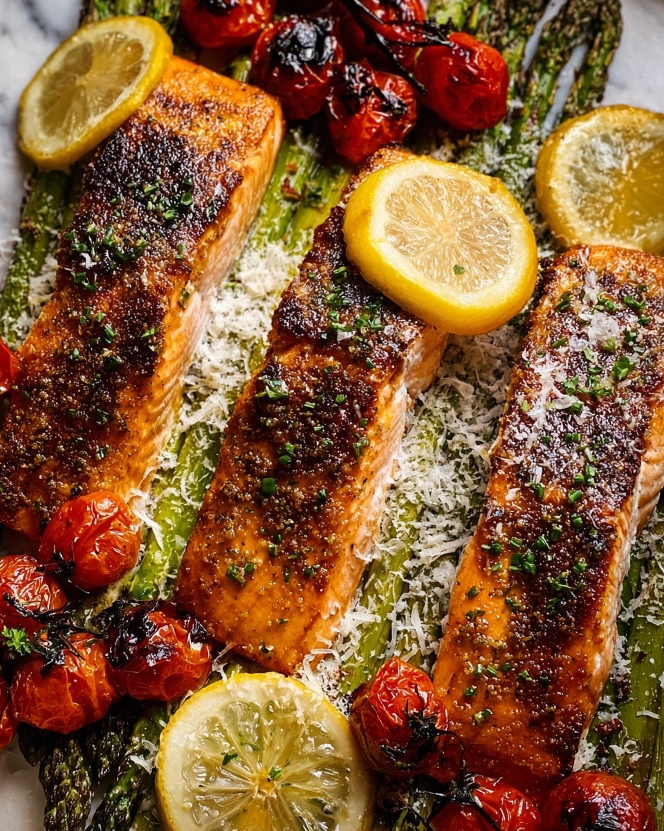The image shows three pieces of grilled salmon fillets placed close to each other on a white marbled surface. The salmon has a golden brown, slightly crispy texture with herbs sprinkled on top. Around the salmon, there are roasted red cherry tomatoes, charred asparagus spears, and thin lemon slices layered between and beside the fish. The vegetables have a roasted, slightly wrinkled look with some areas showing deeper browning. A light dusting of grated white cheese or seasoning is scattered over the asparagus. The overall colors are warm with orange salmon, bright red tomatoes, green asparagus, and yellow lemon slices. photo taken with an iphone --ar 4:5 --v 7