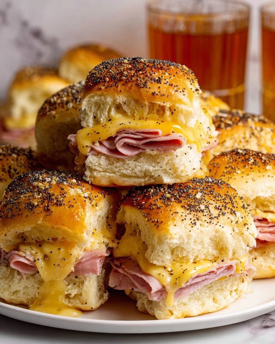 A close-up view of several small sandwiches stacked on a white plate, each sandwich made with a soft, golden brown bun topped with black poppy seeds and shiny from a buttery glaze. Each sandwich has two main layers inside: a thick layer of thinly sliced pink ham on the bottom and a slightly melted pale yellow cheese on top. The buns look soft and fluffy with a slightly crispy crust. The plate is placed on a white marbled surface, and the background is out of focus with warm tones. photo taken with an iphone --ar 4:5 --v 7