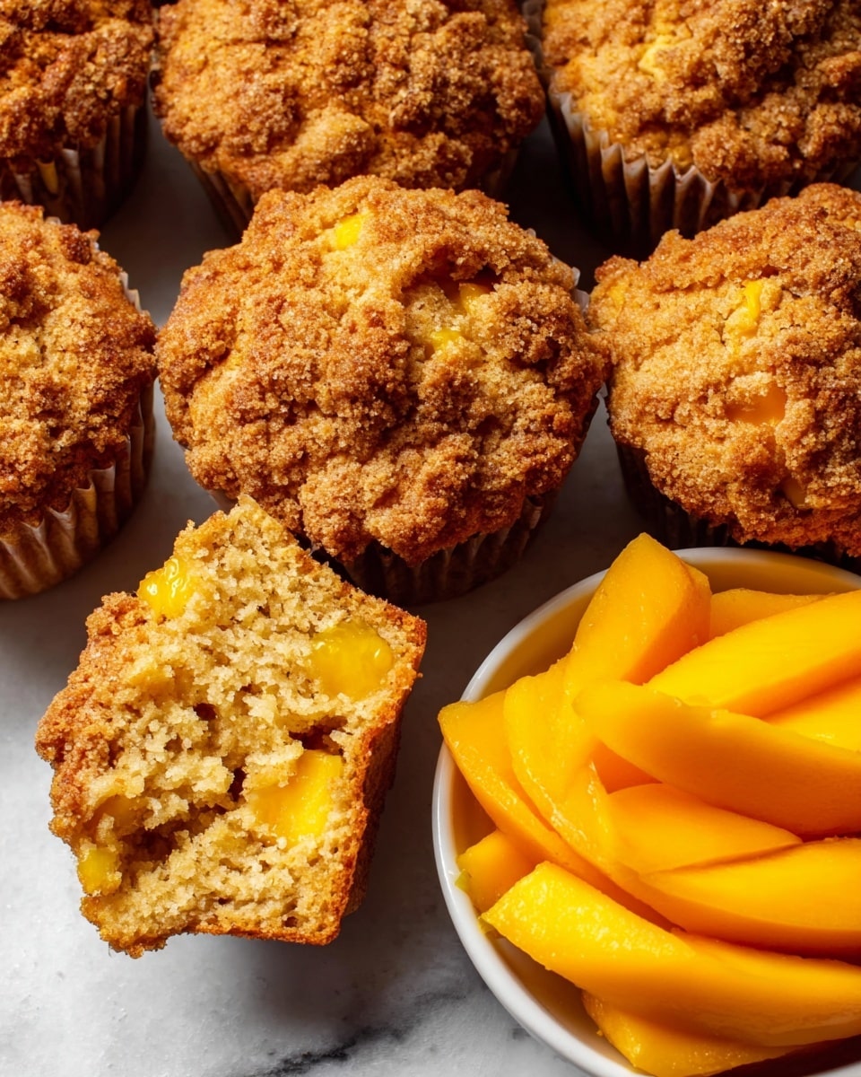 The image shows a group of golden-brown muffins with a crumbly sugar topping, each muffin studded with small yellow fruit pieces inside and on top. One muffin is broken open, revealing a soft interior with chunks of the same yellow fruit. To the right, there is a white bowl filled with thin, glossy, orange mango slices, with some slices spilling out. The muffins and mango are placed on a white marbled textured surface. photo taken with an iphone --ar 4:5 --v 7