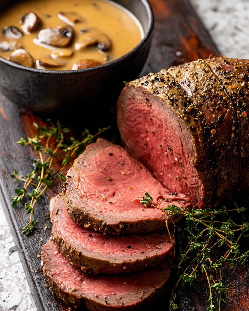 The image shows a roasted beef tenderloin tied with twine and topped with fresh green herbs, resting on a white marbled surface. The tenderloin is sliced into four pieces, each slice showing a medium rare pink center with a dark brown crust seasoned with black pepper and herbs. To the left side of the tenderloin is a white bowl filled with creamy mushroom sauce with visible pieces of mushrooms, adding a rich texture and golden-brown color contrast to the dish. photo taken with an iphone --ar 4:5 --v 7