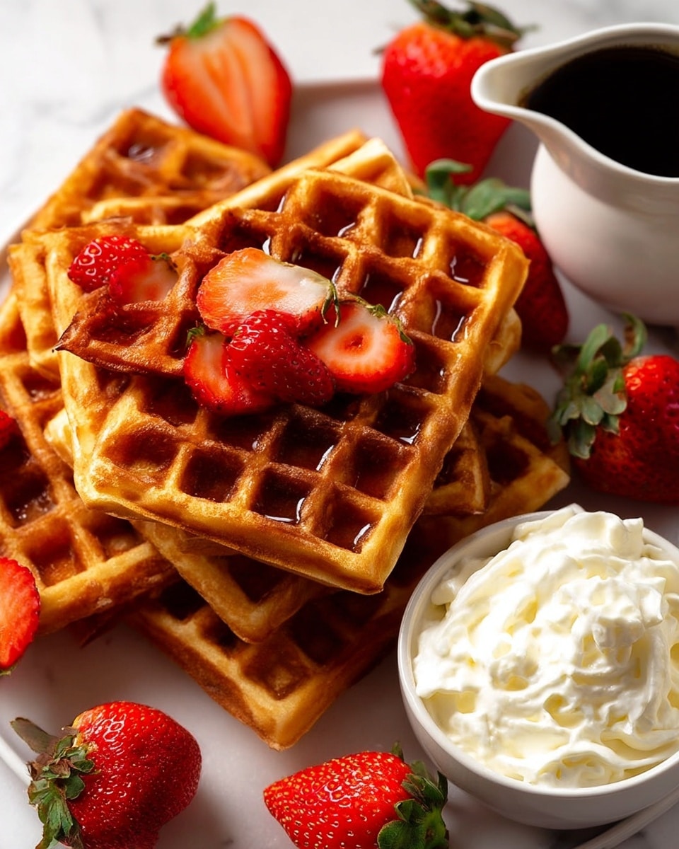 The image shows a stack of four golden brown waffles with a crisp texture and square pattern, arranged on a white marbled surface. Around and between the waffles, there are bright red whole and halved strawberries with green leaves adding fresh color contrast. At the bottom left, there is a small bowl filled with swirled white whipped cream placed close to the waffles. To the right of the whipped cream, a white pitcher contains dark maple syrup, ready to be poured. The whole setup looks fresh and inviting. photo taken with an iphone --ar 4:5 --v 7
