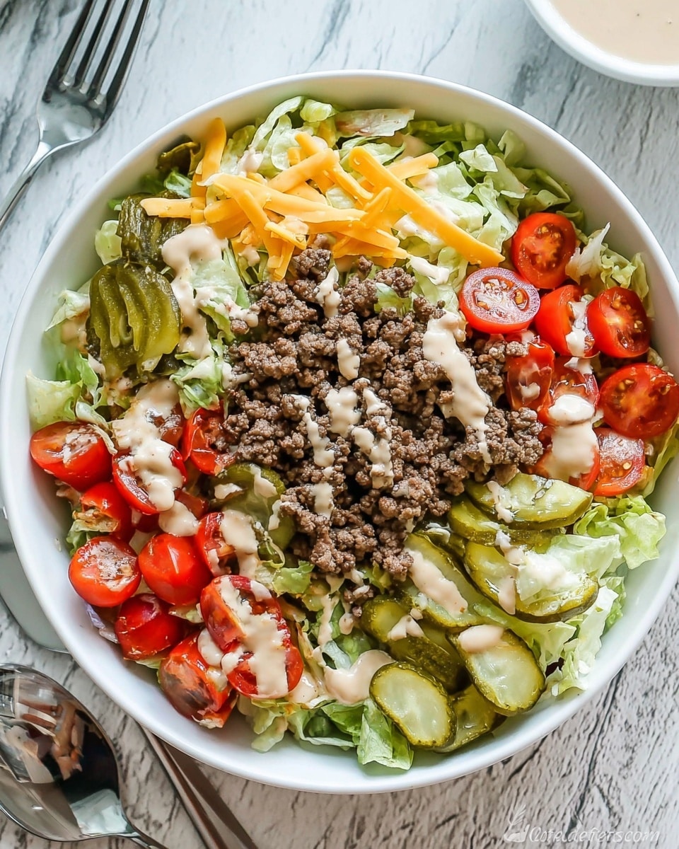 A bowl filled with a layered salad starting with a base of light green chopped lettuce, topped with crumbled cooked ground beef in dark brown. Bright red halved cherry tomatoes are scattered on top, along with thin orange strips of cheddar cheese. Light green pickle slices and small pieces of white onion are added, finishing with drizzles of creamy light beige dressing. The bowl is placed on a white marbled surface with a fork to the right side. Photo taken with an iphone --ar 4:5 --v 7