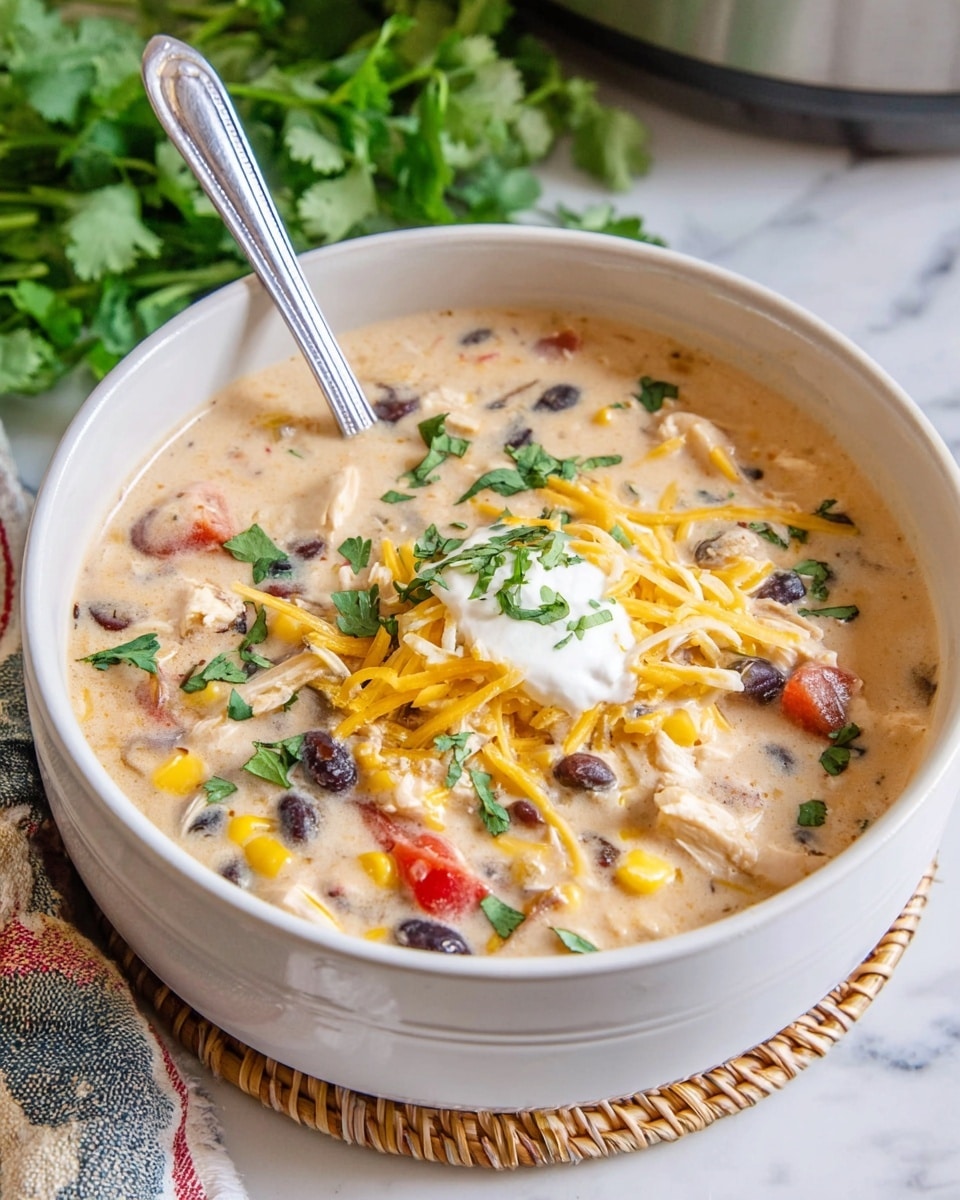 The image shows a white bowl filled with creamy soup that has a thick texture and light beige color. Mixed inside are visible chunks of white chicken, black beans, yellow corn, and small pieces of red tomato. The soup is topped with shredded yellow and white cheese, a dollop of white sour cream, and green chopped cilantro sprinkled on top. A silver spoon is placed inside the bowl, standing upright. The bowl is on a white marbled surface with a woven placemat underneath and some green leaves blurred in the background. Photo taken with an iphone --ar 4:5 --v 7