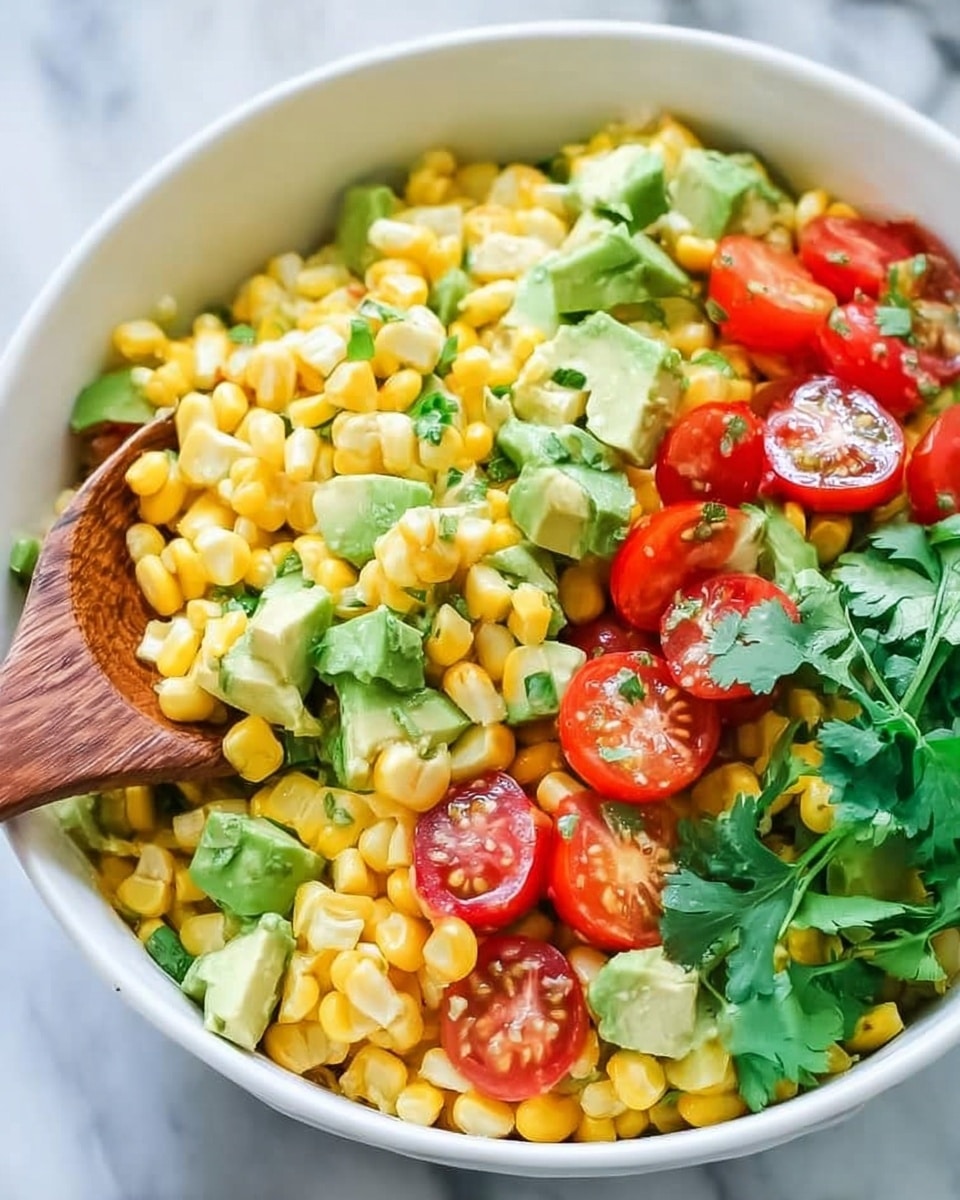 A white bowl filled with a colorful corn salad showing bright yellow corn kernels as the main layer, mixed with red cherry tomato halves and small chunks of light green avocado. Bright green cilantro leaves and thin slices of purple onion are scattered throughout the salad, giving it a fresh and vibrant look. A wooden spoon is placed inside the bowl, partially covered by the salad. The background is a white marbled surface. Photo taken with an iphone --ar 4:5 --v 7