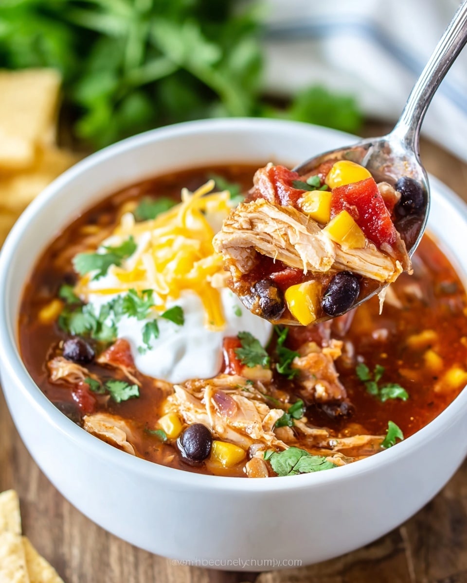 A white bowl filled with a rich, dark reddish-brown soup layered with shredded cooked chicken, bright yellow corn kernels, black beans, and diced red tomatoes. On top, a dollop of white sour cream is garnished with shredded orange cheese and fresh green cilantro leaves. A shiny silver spoon holds a spoonful of the soup above the bowl, showing the colorful mix of ingredients. The bowl sits on a wooden surface next to some light beige tortilla chips, all set against a white marbled background with blurred green herbs and cornbread pieces in the back. photo taken with an iphone --ar 4:5 --v 7