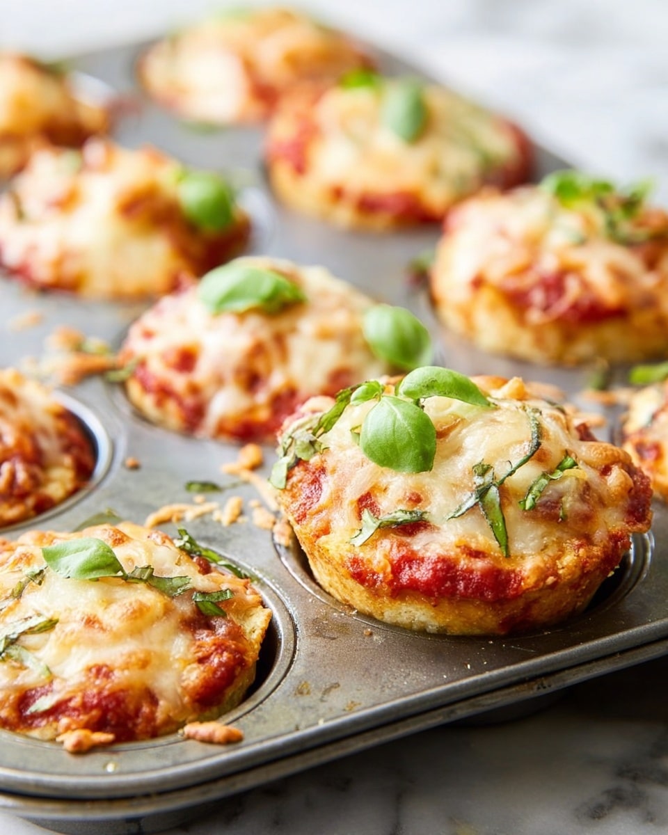 The image shows a dark metal muffin tray filled with mini pizzas, each pizza layered with a light brown, thick dough base that slightly overflows the tray edges. On top of the dough is a bright red tomato sauce layer, followed by a melted thick layer of pale yellow cheese with some golden brown spots from baking. Each mini pizza is garnished with finely chopped fresh green basil scattered across the cheese. The tray rests on a surface with a white marbled texture, and the focus is on the front pizzas while the back ones blur softly. photo taken with an iphone --ar 4:5 --v 7