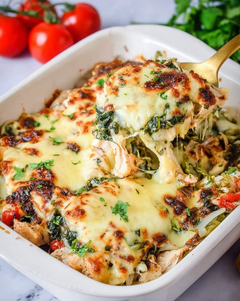 A white baking dish filled with a layered casserole featuring a base layer of chunky white chicken pieces, topped with a layer of cooked spinach and scattered sun-dried tomatoes adding dark red and green texture. This is covered with a thick, bubbly layer of melted white cheese that has pockets of browned spots and fresh chopped parsley sprinkled on top. A gold serving spatula lifts a scoop, showing the soft, creamy cheese stretching from the dish. The dish sits on a white marbled surface with a blue-striped cloth underneath and bright red cherry tomatoes and green herbs blurred in the background. Photo taken with an iphone --ar 4:5 --v 7