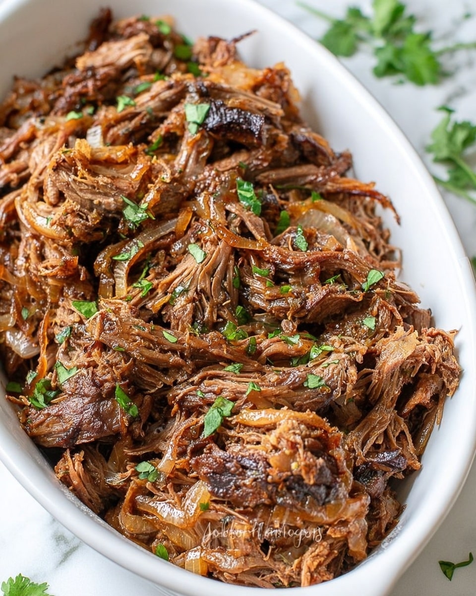 This image shows a white oval dish filled with shredded, slow-cooked beef mixed with soft, caramelized onions. The beef has a rich brown color with juicy, tender strands visible throughout. Some pieces are darker, showing a slight char or crust. Fresh green herb pieces are sprinkled on top, adding a touch of color contrast. The dish sits on a surface with a white marbled texture, and some green herbs are loosely placed nearby. photo taken with an iphone --ar 4:5 --v 7