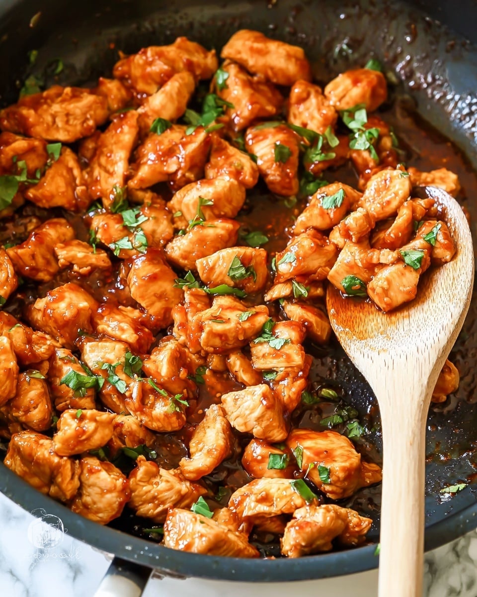 The image shows a close-up of a black frying pan filled with small, browned chicken pieces coated in a glossy reddish-orange sauce. The chicken chunks are tender and uneven in size, with some pieces having a slight sear. Bright green chopped herbs are sprinkled over the chicken, adding a fresh contrast to the rich sauce. A wooden spoon holds a few pieces on the right side of the pan, showing the texture and thickness of the chicken and sauce clearly. The background is a blurred white marbled texture. photo taken with an iphone --ar 4:5 --v 7