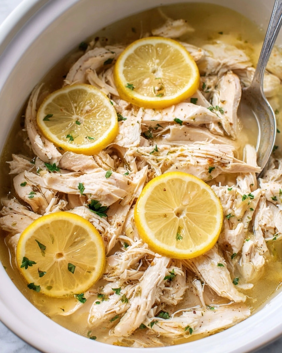 This image shows a white bowl filled with shredded chicken soaked in light broth, with several thin lemon slices scattered on top. The chicken pieces are pale beige with some light brown spots and look tender and moist. The lemon slices are a bright yellow with a soft, translucent texture, giving a fresh contrast to the chicken. Small bits of green herbs are sprinkled over the dish, adding a touch of color. A silver spoon is partially dipped into the chicken and broth mix, resting on the right side of the bowl. The bowl is placed on a white marbled surface. photo taken with an iphone --ar 4:5 --v 7
