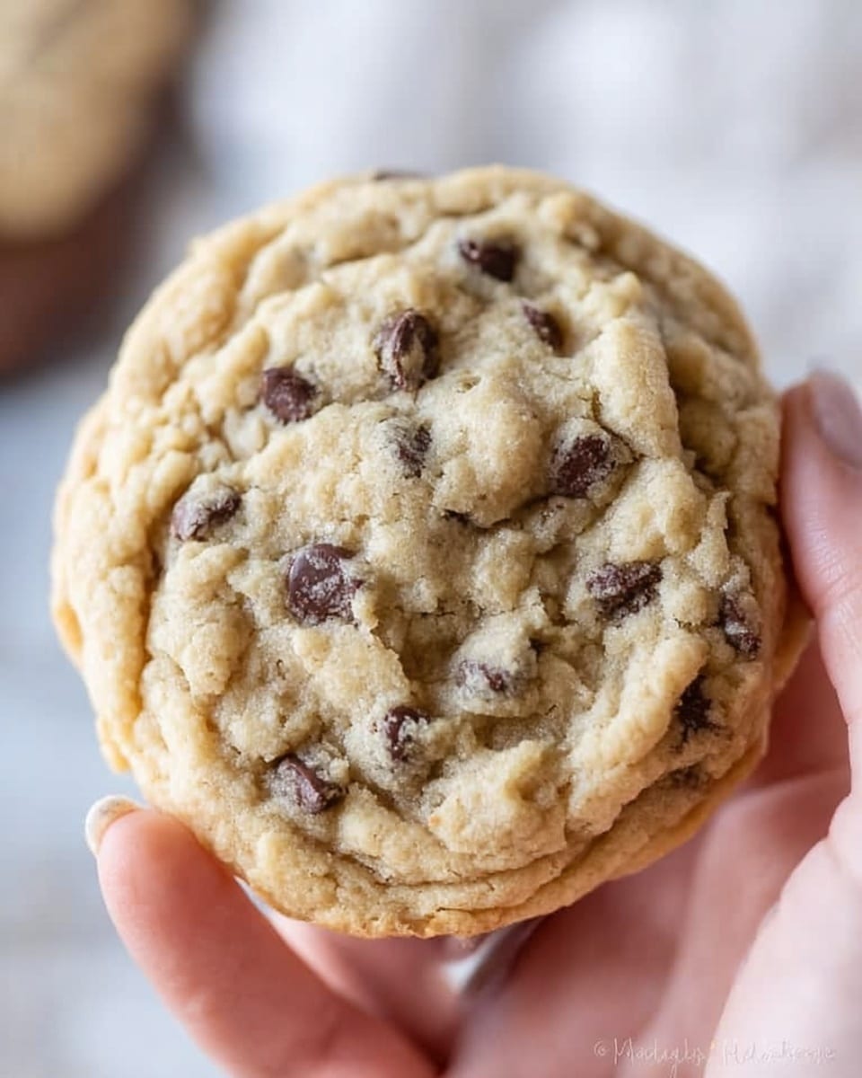 A close-up view of a soft chocolate chip cookie held by a woman's hand, showing a thick, slightly wrinkled surface with visible small dark chocolate chips spread evenly throughout. The cookie has a pale golden color with a soft and chewy texture, and a few gentle cracks on the surface reveal its tender inside. The background is softly blurred with a white marbled texture. photo taken with an iphone --ar 4:5 --v 7