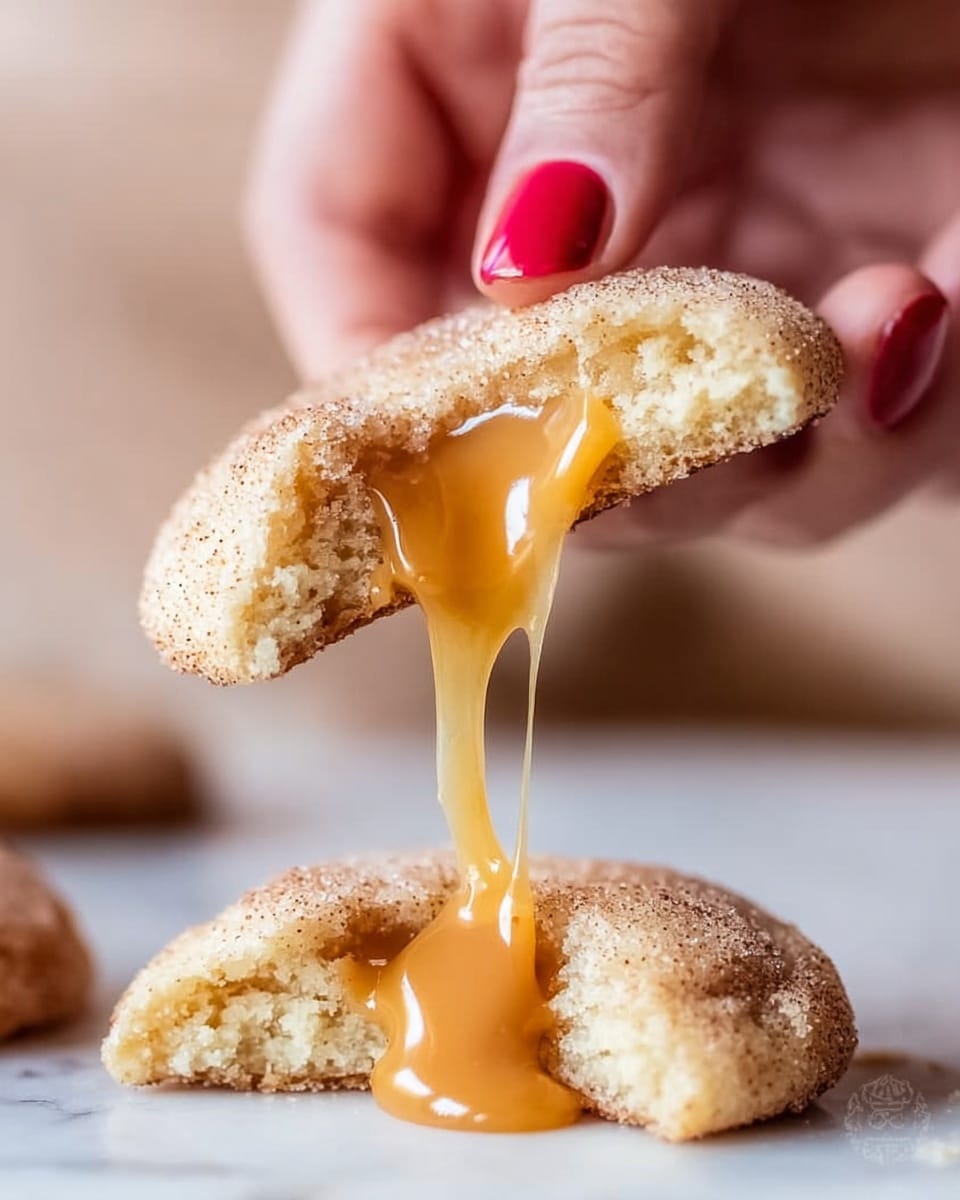 A close-up of a woman's hand with red nail polish holding a half piece of a soft, light beige cookie coated with cinnamon sugar, showing melted, gooey caramel stretching out from the cookie. Another broken piece of the cookie lies below on a white marbled surface, matching the soft texture and color inside. The image focuses on the sticky caramel pull and the crumbly cookie exterior, giving a warm and tasty feel. Photo taken with an iphone --ar 4:5 --v 7