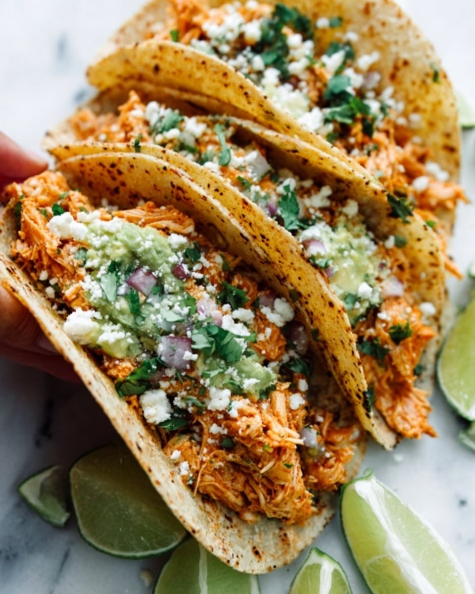 The image shows four tacos on a white plate, each with two soft yellow corn tortillas. Each taco has three layers: a bottom layer of shredded orange chicken, a middle layer of green chopped cilantro and thinly sliced onions, and a top layer of white crumbled cheese. The tacos are arranged close together, surrounded by three lime wedges on a white marbled surface. A woman's hand is holding one taco from the top left corner. The photo taken with an iphone --ar 4:5 --v 7