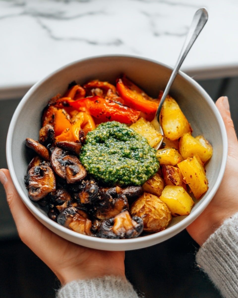 A bowl held by a woman's hands contains a colorful layered dish on a white marbled surface background. The bowl is white with a slightly deep shape. Inside, there are three main layers arranged side by side: bright orange roasted bell peppers on one side, golden-yellow roasted potatoes with a slightly crispy texture next to them, and dark brown sautéed mushrooms with a shiny, cooked surface on the other side. In the center of the bowl, a generous scoop of vibrant green pesto sauce sits on top of the other ingredients, adding a fresh and creamy look. A silver spoon rests inside the bowl, angled toward the mushrooms. photo taken with an iphone --ar 4:5 --v 7
