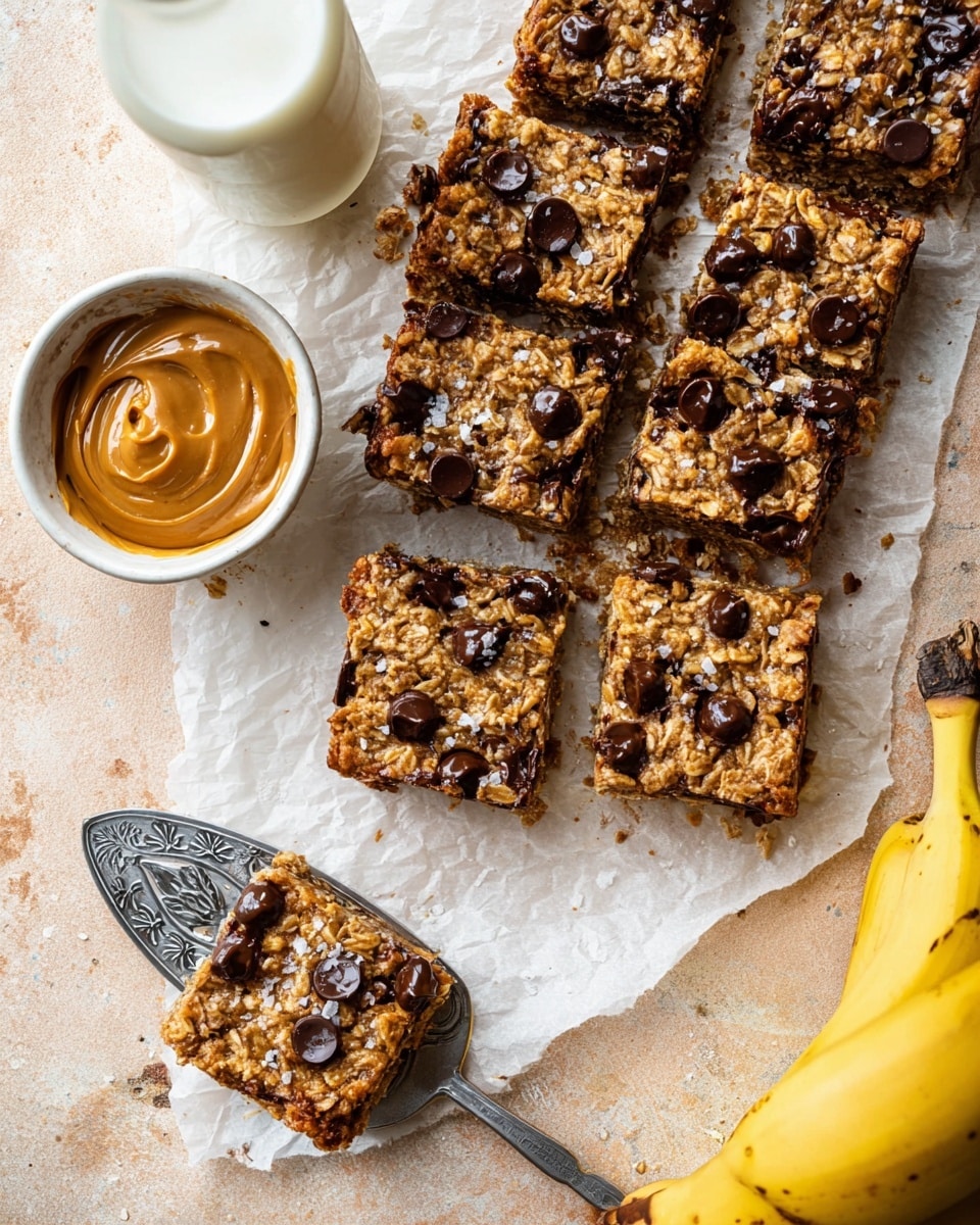 A group of nine square oat bars topped with melted dark chocolate chips and sprinkled with sea salt sits on white parchment paper. The bars have a golden-brown color with visible oat flakes and a slightly crisp texture. A vintage silver serving spatula with a decorative cutout pattern is lifting one bar from the group. To the left, there's a small white bowl filled with smooth, rich peanut butter, and a glass bottle of milk partially seen in the bottom left corner. A whole yellow banana is also visible at the very bottom left of the image. The background has a white marbled texture. photo taken with an iphone --ar 4:5 --v 7