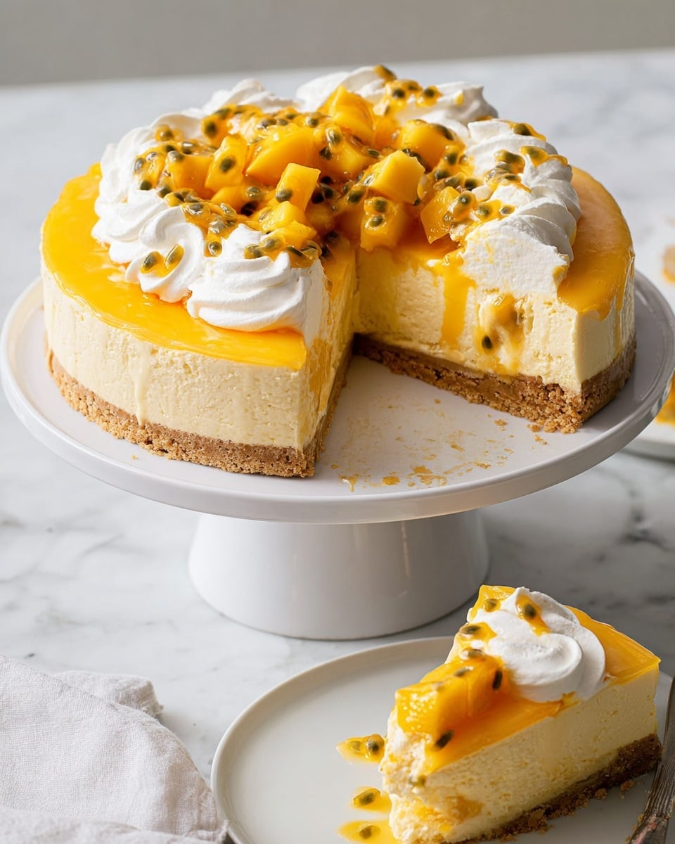 The image shows a three-layer mango cheesecake on a white cake stand with one slice removed. The bottom layer is a light brown crumbly crust. The middle layer is thick, smooth, and pale yellow cheesecake filling. The top layer is a glossy orange mango jelly. On top of the cake is a thick swirl of white whipped cream, crowned with bright yellow mango chunks mixed with passion fruit seeds and juice, adding a fresh and juicy texture. A slice of the cake with the same layers is placed on a white plate in the foreground on a white marbled surface with a silver cake server nearby. Photo taken with an iphone --ar 4:5 --v 7