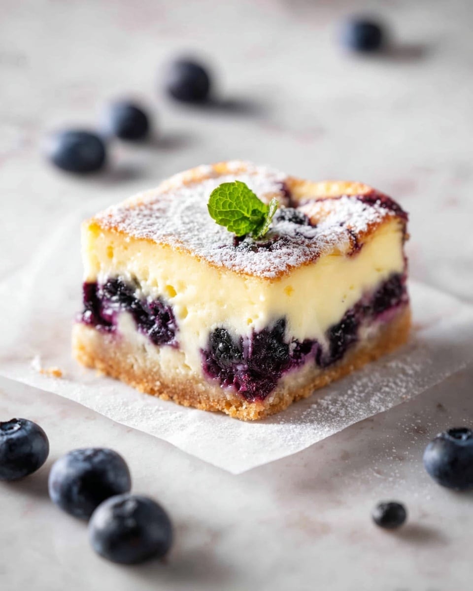 A square dessert piece with three visible layers sits on white parchment paper over a white marbled surface: the bottom layer is a golden crumbly crust, the middle layer is creamy light yellow cheesecake mixed with dark purple blueberries, and the top layer is dusted with white powdered sugar, dotted with blueberries, and garnished with a small green mint leaf. Scattered fresh blueberries surround the dessert on the surface. photo taken with an iphone --ar 4:5 --v 7