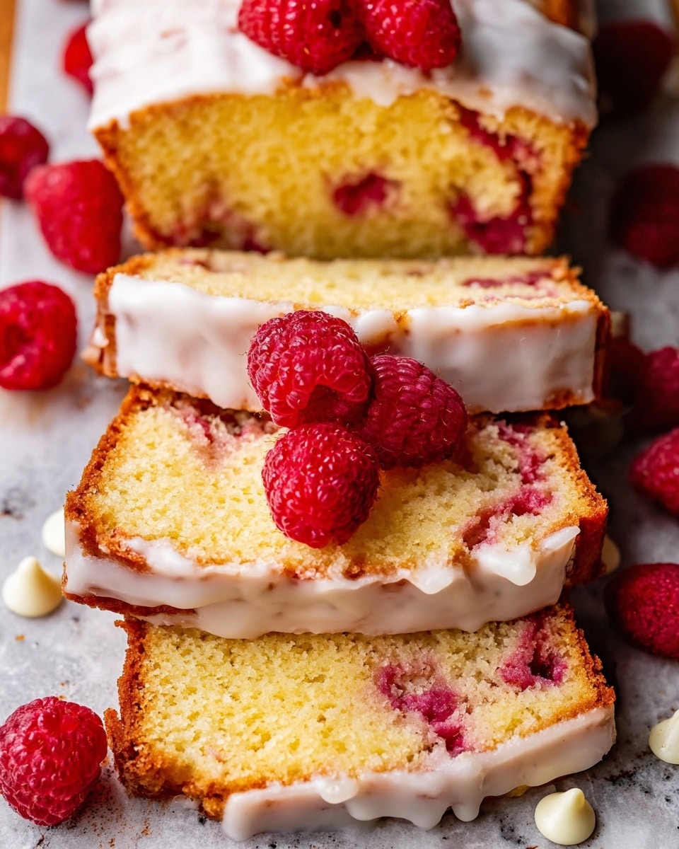 The image shows several slices of raspberry cake stacked on each other on a white marbled surface. The cake has two main layers: a moist golden yellow sponge base with visible red raspberry pieces inside, and a shiny white icing spread thickly on top. Fresh red raspberries are placed on and around the slices, adding a bright pop of color. The texture of the cake looks soft and fluffy, while the icing appears smooth and glossy. Small white chocolate chips are scattered near the cake, complementing the colors. The image is close-up, showing the crumb texture and juicy raspberries clearly. photo taken with an iphone --ar 4:5 --v 7