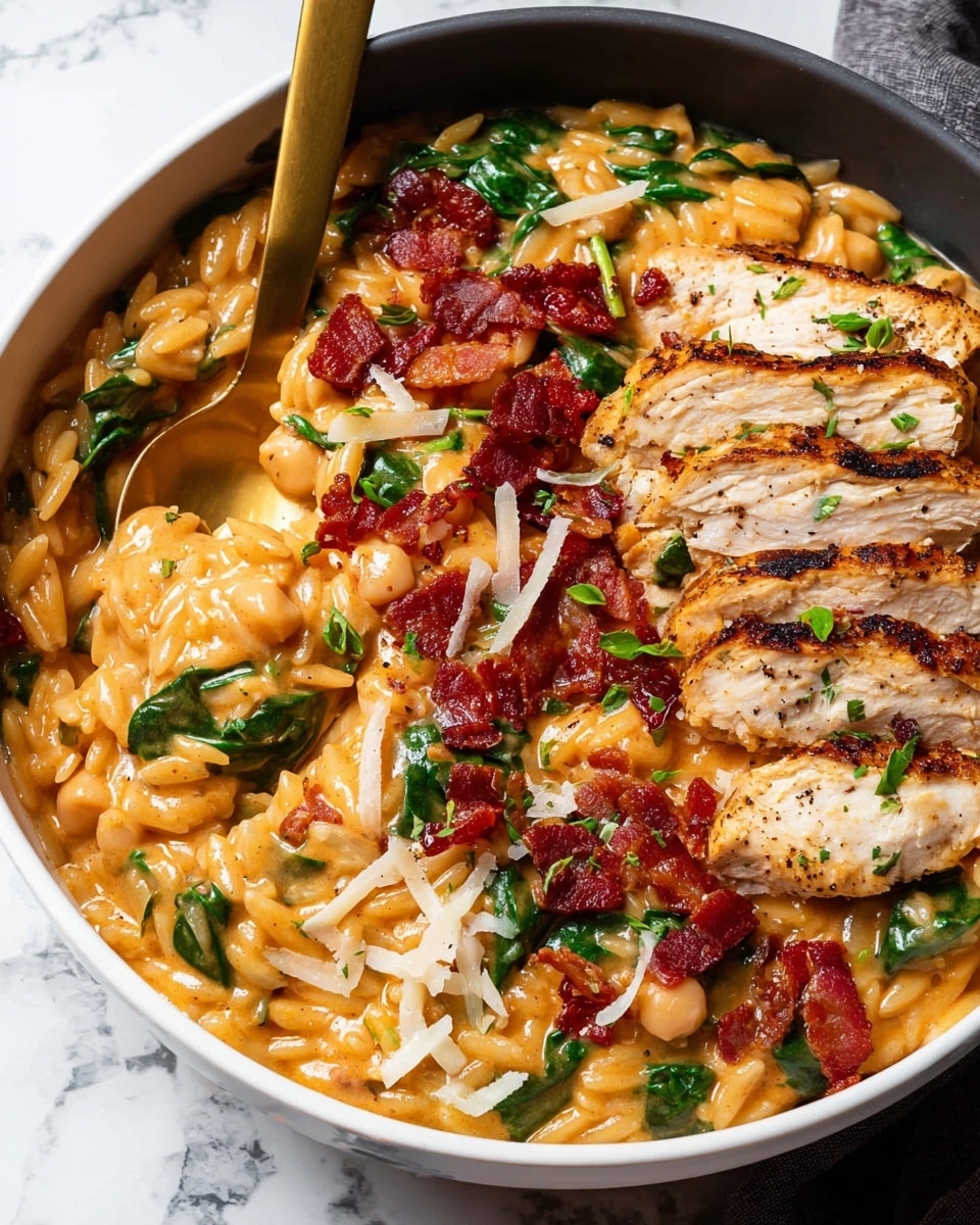 A black bowl sits on a white marbled surface, filled with creamy orange orzo pasta mixed with chickpeas and bits of green spinach. On top, there are several slices of grilled chicken breast with a golden-brown crust, scattered crispy red bacon pieces, and a light dusting of grated white cheese. A gold spoon is partially inside the bowl, holding a scoop of the orzo and chickpeas. The dish looks rich and hearty. photo taken with an iphone --ar 4:5 --v 7