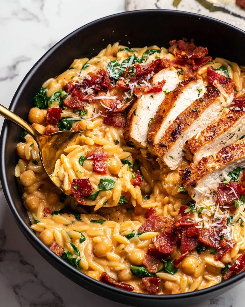 The image shows a close-up of a creamy orzo pasta dish in a white bowl. The base layer is a rich, orange-colored cheesy sauce with orzo pasta and chickpeas mixed throughout, along with green spinach leaves adding texture and color. On top, there are slices of grilled chicken breast with a golden-brown crust, arranged along one side. Sprinkled over the chicken and pasta are small pieces of crispy red bacon and some shredded white cheese, with small green herb pieces scattered for garnish. A gold spoon is partially dipped into the orzo on the left side, resting inside the bowl. The bowl sits on a surface with a white marbled texture. Photo taken with an iphone --ar 4:5 --v 7