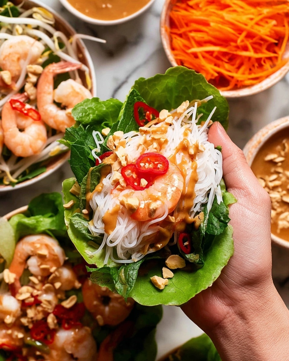 A close-up view of a woman's hand holding a fresh green lettuce leaf filled with layers: a layer of white thin rice noodles, topped with bright red chili slices and crushed peanuts, all covered with a light brown sauce, next to visible shrimp pieces that are pink and white, with green fresh herbs around. Below the lettuce is a bowl of white and orange thinly sliced vegetables. There is also a small white bowl of creamy brown sauce with crushed peanuts on the white marbled surface. photo taken with an iphone --ar 4:5 --v 7