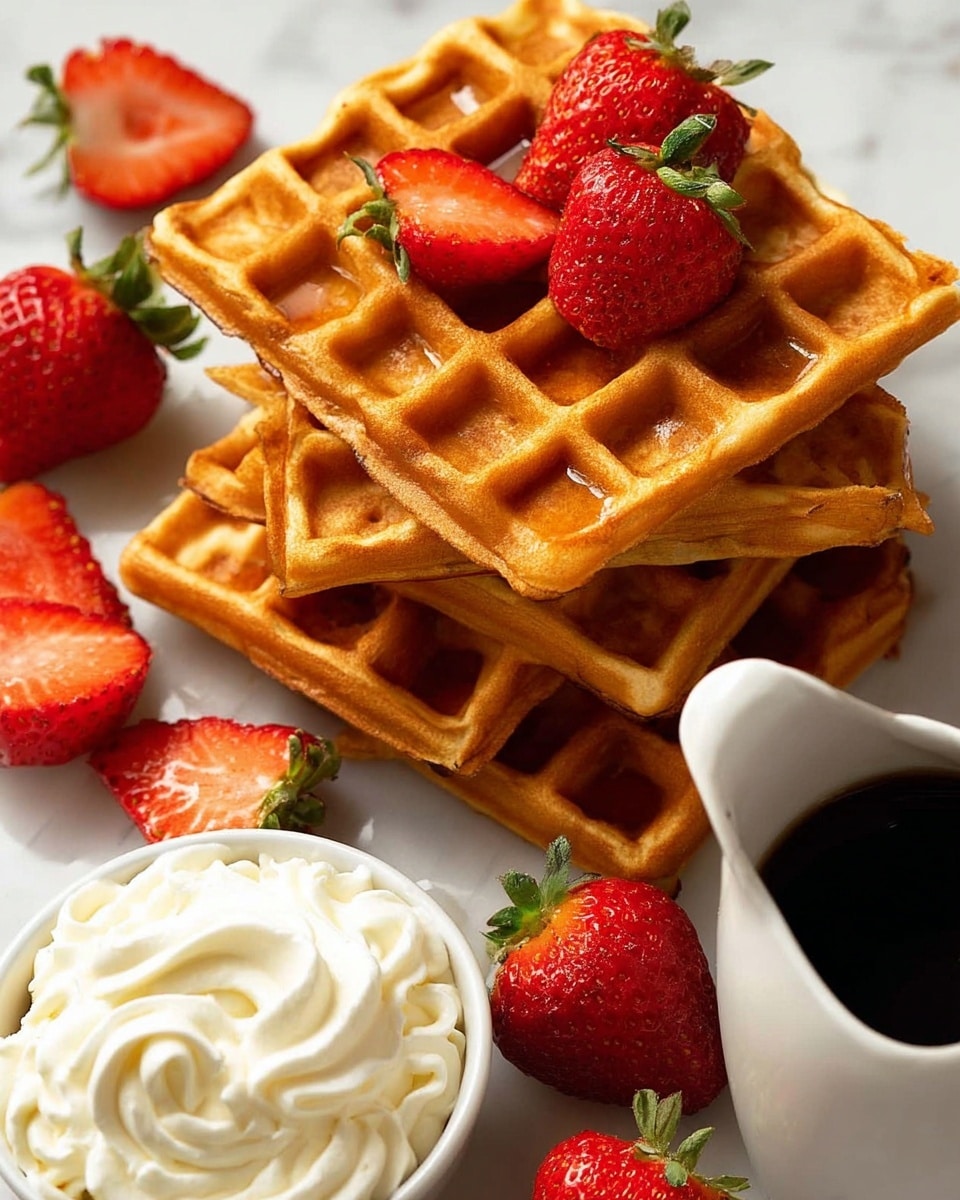 A close-up shot shows several golden brown waffles stacked unevenly on a white marbled surface, their deep square pockets visible. Bright red strawberries, some whole with green leaves and others cut in halves, are scattered over and around the waffles. In the lower part of the image, a small bowl filled with white whipped cream sits near a white pitcher containing dark maple syrup. The colors contrast well with the warm tones of the waffles and the fresh look of the strawberries. photo taken with an iphone --ar 4:5 --v 7