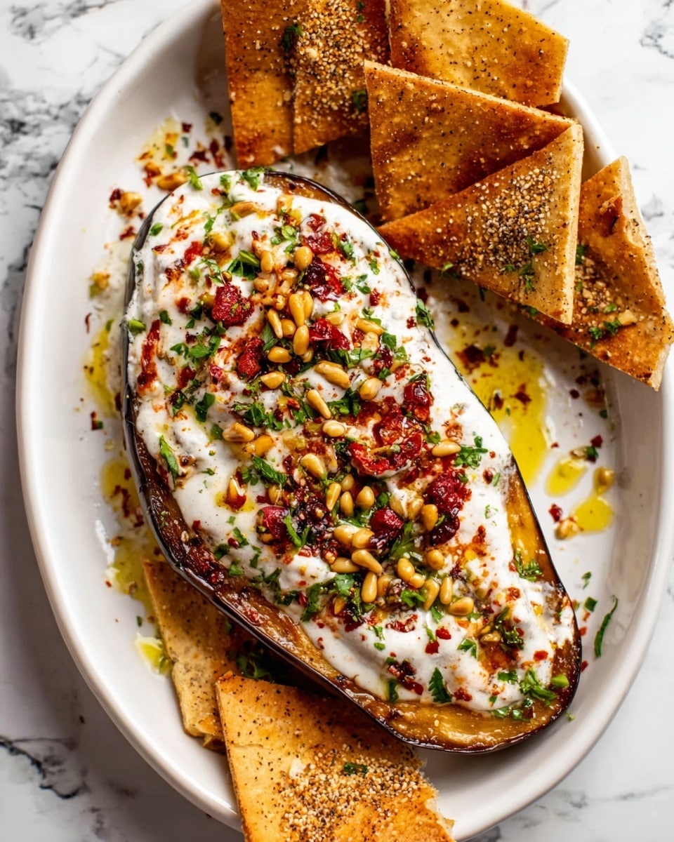 The dish shows one large, dark brown roasted eggplant slice placed in the center of a white speckled round plate. The eggplant is covered with uneven swirls of creamy white yogurt sauce and sprinkled with light brown toasted pine nuts. On top of the eggplant is a chunky salsa mix of small red and green pieces, with some chopped fresh herbs scattered around. The plate also has a few yellowish olive oil drizzles. Surrounding the eggplant on the plate are several triangular crispy flatbread pieces with a golden-brown color, speckled with sesame seeds and green herbs. The whole plate sits on a white marbled surface. photo taken with an iphone --ar 4:5 --v 7