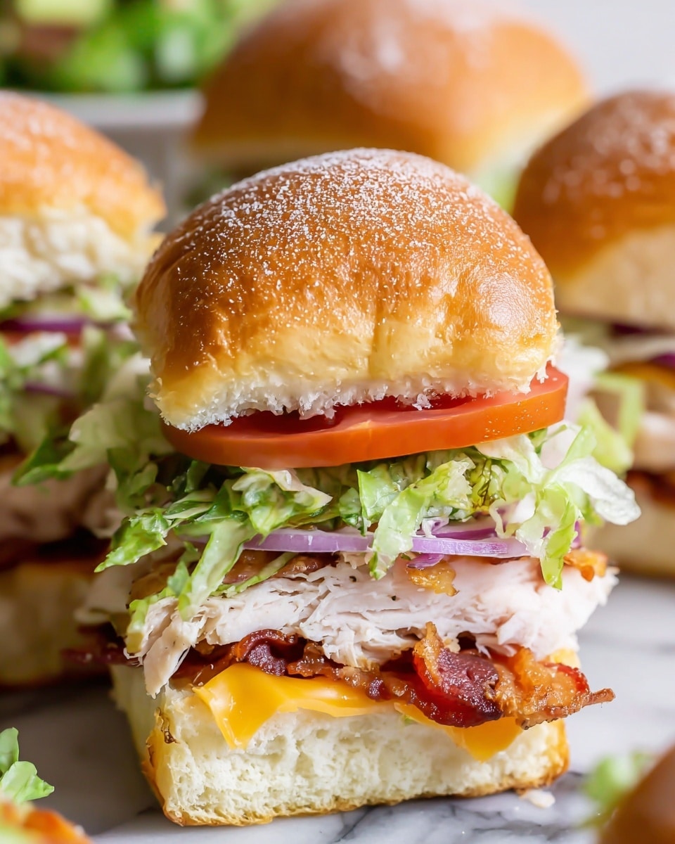 A close-up view of a sandwich with three visible layers: the top layer is a golden-brown bun with a powdery white topping, the middle layer includes fresh green lettuce, a thick red tomato slice, and thin slices of purple onion, and the bottom layer shows light-colored shredded chicken with a slice of orange cheddar cheese beneath it. The sandwich is stacked on more of the same sandwiches, all sitting on a white marbled surface. The texture of the bun looks soft and slightly fluffy, and the vegetables add a fresh, crisp look. photo taken with an iphone --ar 4:5 --v 7