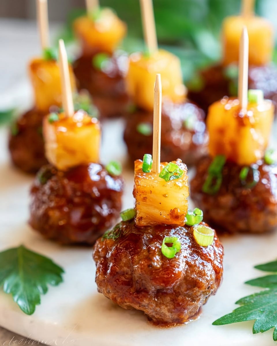 The image shows several small meatballs arranged on a white plate with a white marbled texture surface. Each meatball is coated in a shiny brown sauce and topped with a small orange cube, likely glazed pineapple, held in place with a toothpick. Small pieces of green onion are scattered on and around the meatballs, adding a pop of green color. The background is blurred with shades of green, suggesting fresh herbs or garnish. The overall scene is bright and appetizing, with a focus on the glossy texture of the meatballs and the vibrant contrast of the pineapple. photo taken with an iphone --ar 4:5 --v 7