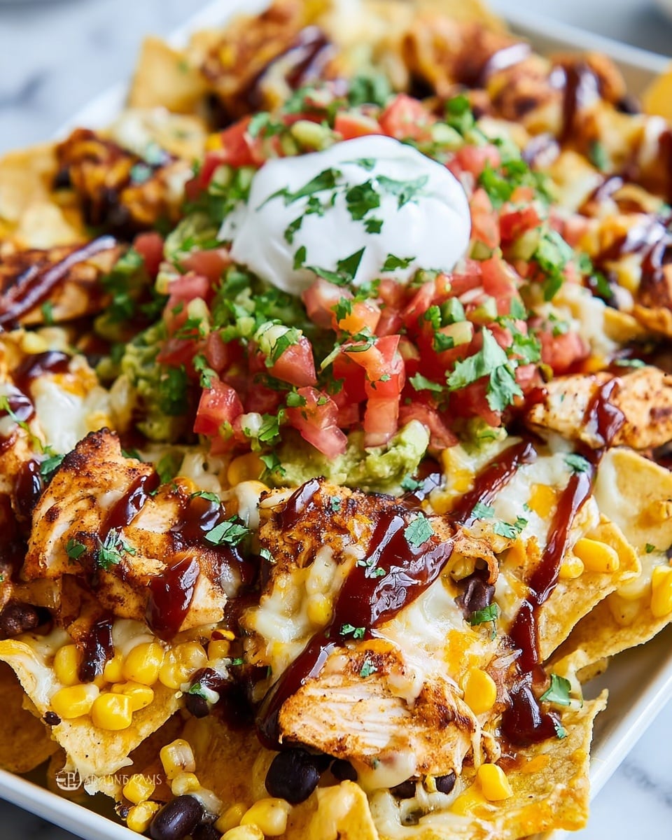 A close-up of a loaded nachos dish arranged on a white plate with melted yellow cheese on top of crispy tortilla chips. There are black beans scattered across the chips, with grilled chicken pieces cooked to a golden brown layered throughout. The center has a dollop of white sour cream topped with chopped green cilantro. Fresh diced red tomatoes sit next to the sour cream, and a green mound of guacamole is visible in the back. There are drizzles of dark red barbecue sauce over the nachos and chicken. The dish is on a white marbled surface. photo taken with an iphone --ar 4:5 --v 7