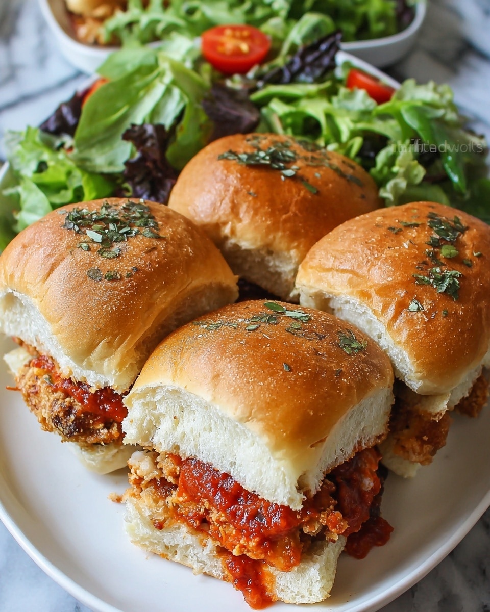 The image shows three chicken parmesan sliders placed on a white plate with fresh green lettuce leaves and red cherry tomato halves around them. Each slider has three visible layers: a golden brown sandwich bun on top sprinkled with herbs and a slightly crispy texture, a thick piece of breaded chicken with a light golden crust, and a layer of bright red marinara sauce with small bits of herbs. The bottom bun is soft and light brown. The sandwiches are stacked closely together on the plate, which sits on a white marbled surface. photo taken with an iphone --ar 4:5 --v 7