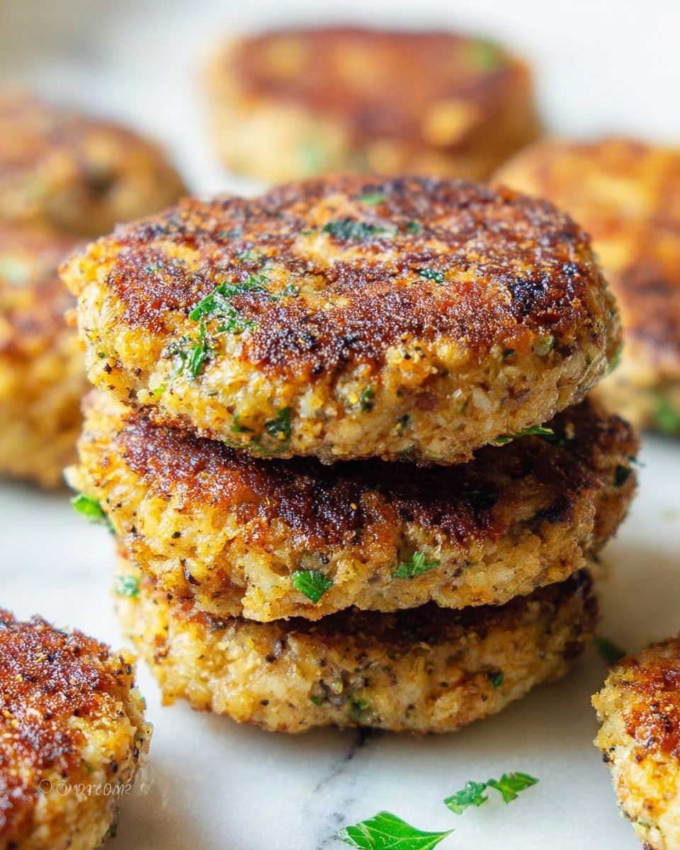 A close-up view shows a stack of three round patties with a golden-brown crispy surface and visible green herbs mixed throughout. Each patty has a slightly rough texture and is cooked to a light brown color with darker browned spots, indicating they are fried or grilled. In the background, more of the same patties are slightly out of focus, all resting directly on a white marbled surface. The herbs add specks of green to the otherwise light beige and brown layers of the patties. photo taken with an iphone --ar 4:5 --v 7